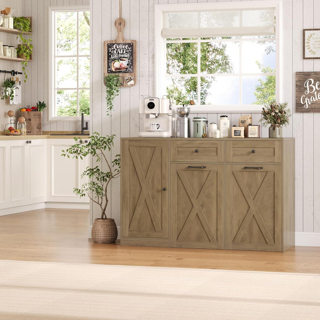 HOSTACK 12.5 Gallon Kitchen Trash Cabinet, 47' Double Trash Can Cabinet, Large Pull Out Can Storage Drawers, Wood Farmhouse Hidden Garbage Storage Buffet for Kitchen, Dining Room, Rustic Brown