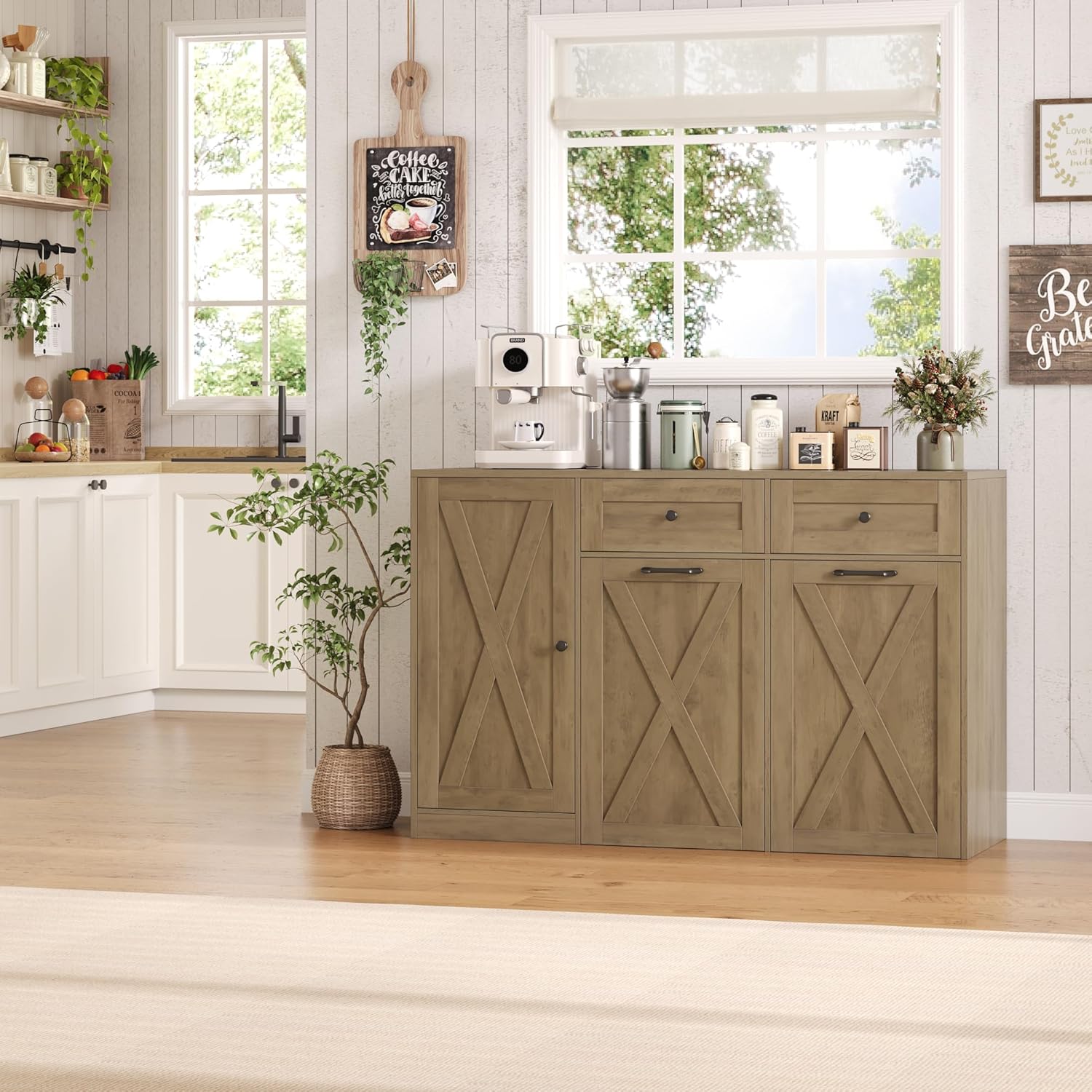 HOSTACK 12.5 Gallon Kitchen Trash Cabinet, 47' Double Trash Can Cabinet, Large Pull Out Can Storage Drawers, Wood Farmhouse Hidden Garbage Storage Buffet for Kitchen, Dining Room, Rustic Brown