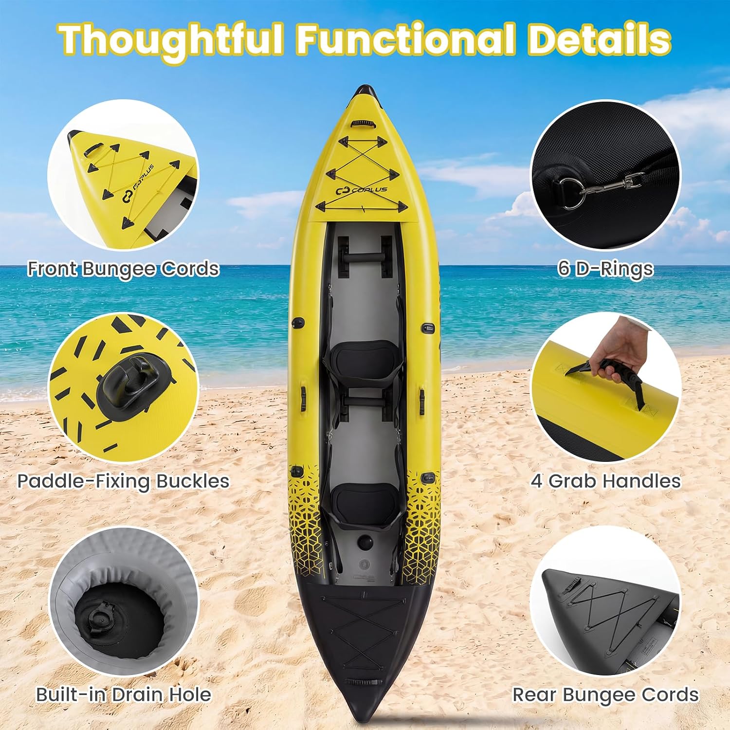 Goplus Tandem Inflatable Kayak, 12.5FT 2-Person Kayak for Adults w/507 LBS Weight Capacity, 2 Aluminium Oars, Padded Seat, 2 Fins, Hand Pump, Carry Bag, Repair Kit, Portable Touring Kayaks