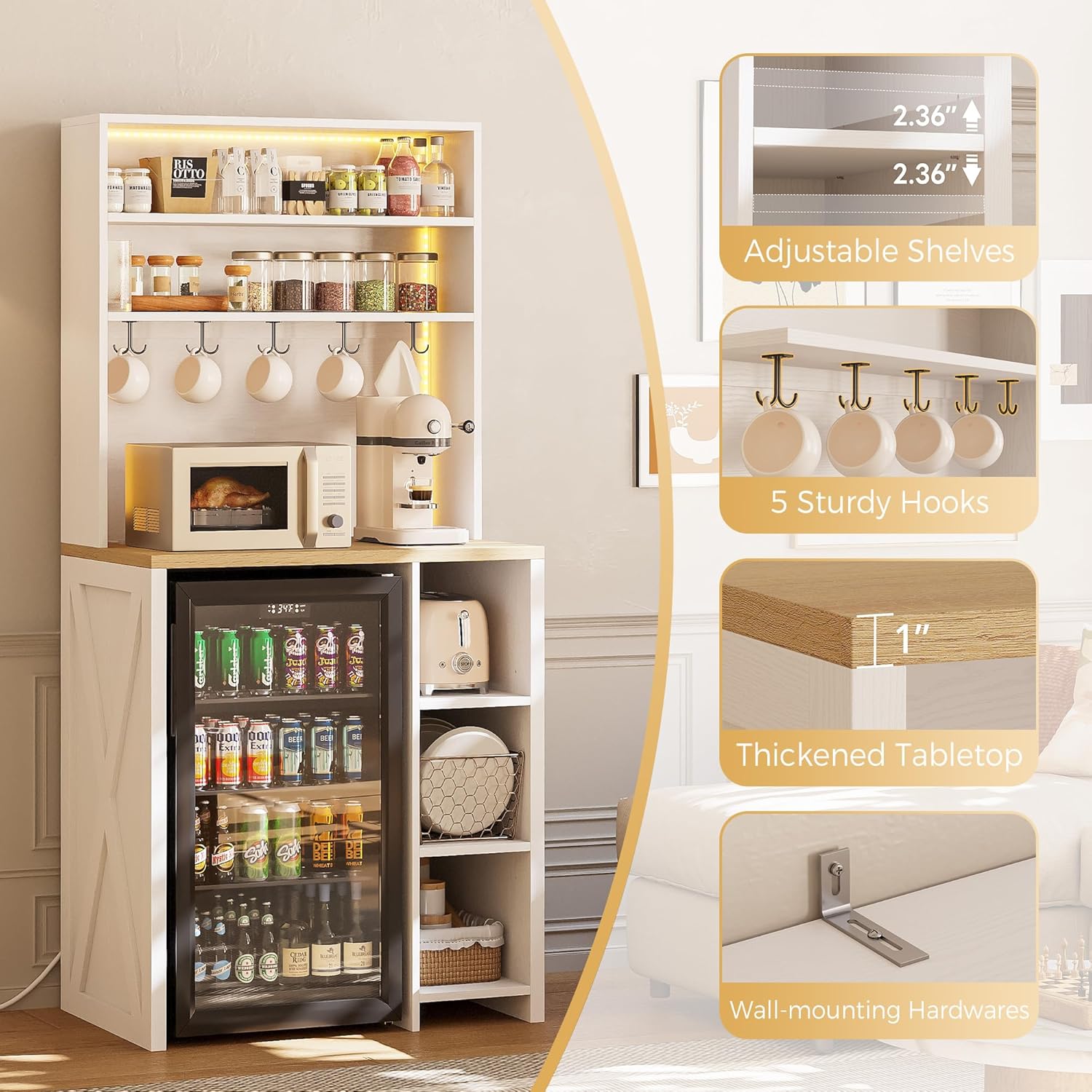 IRONCK Bakers Rack with Mini Fridge Space & Power Outlets, 69.3' Coffee Bar Station with LED Lights, 7-Tier Kitchen Microwave Stand with Hooks & Wooden Backboard, Space-Saving Utility Organizer, White