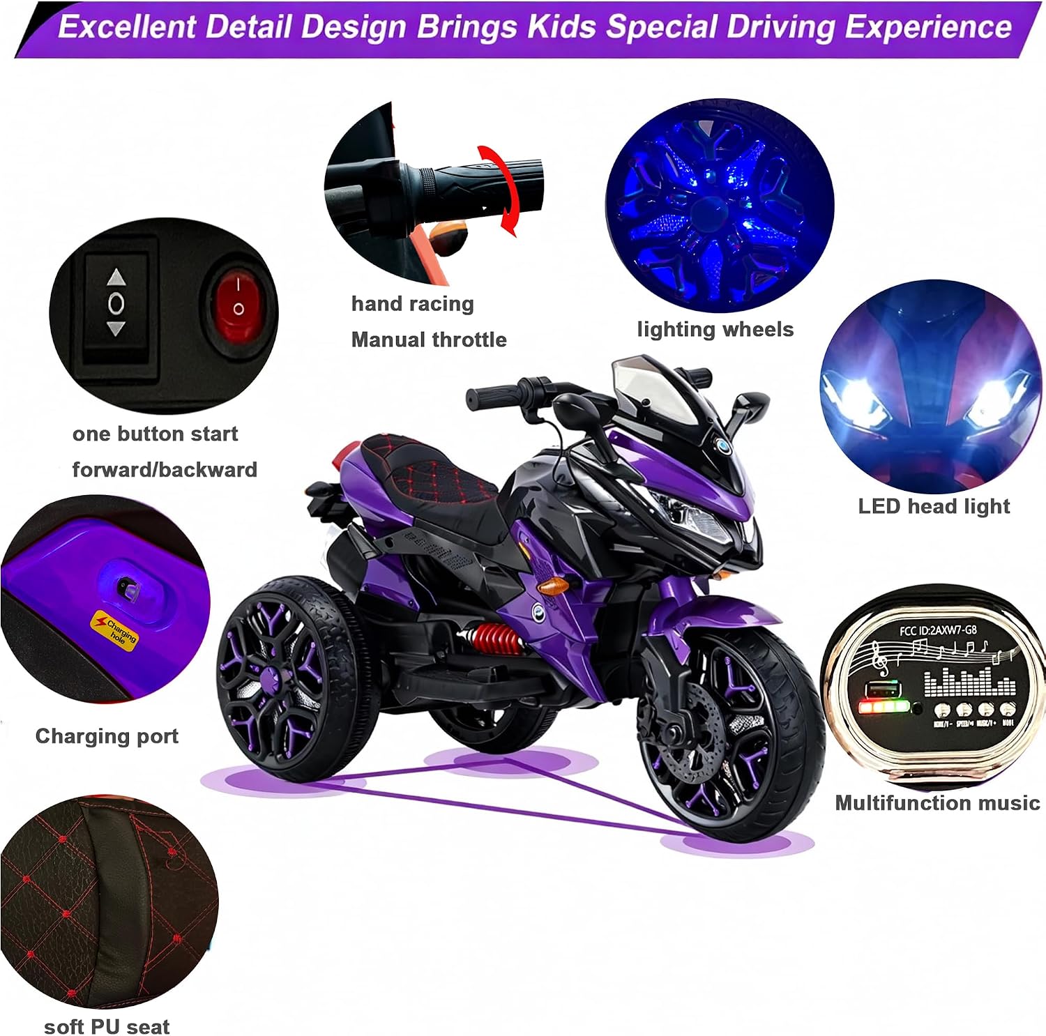 12V Kids Electric Motorcycle with Training Wheels | Plastic, PU seat, manual throttle, foot brake, USB, MP3, phone link, light-up wheels, ages 3-6, 45.3 W x 23.2 D x 28.7 H in