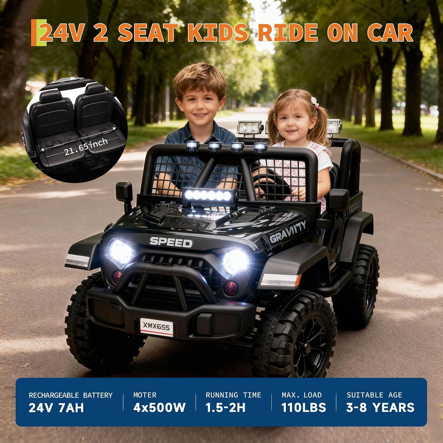 24V Ride on Car for Kids, 2 Seater Electric Truck with Parent Remote Control, Spring Suspension, 2 Speeds, LED Headlight & Music Player, Kids Electric Vehicle for Aged 3-8 Years, Black