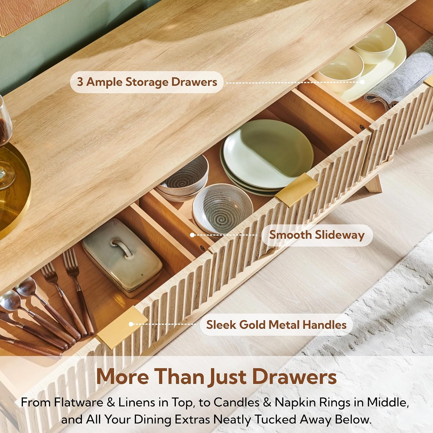 OKD 60' Fluted Wine Bar Cabinet, Mid-Century Modern Sideboard, Natural Oak | 3 Spacious Drawers, 3 Stemware Racks, 12 Wine Racks, Tapered Wood Legs, Adjustable Shelves, Sideboard Storage