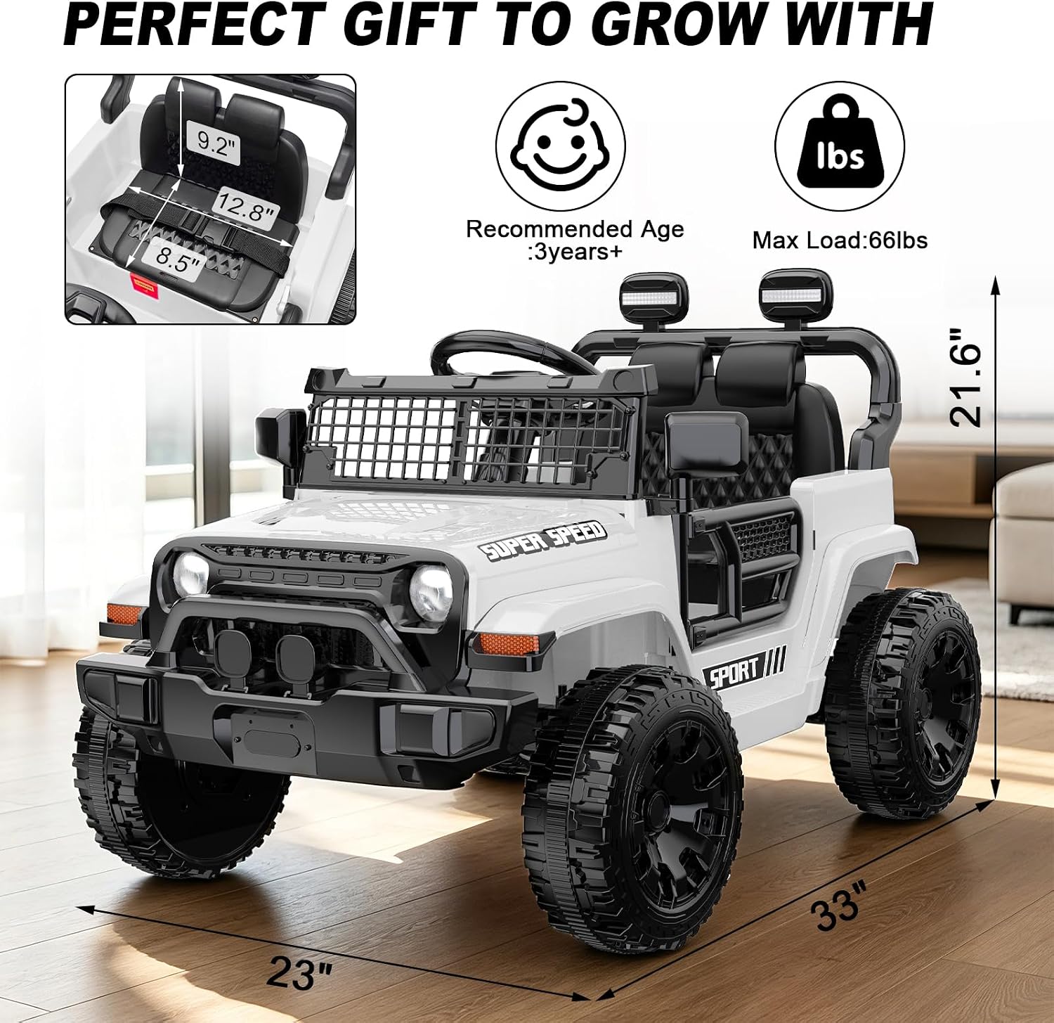 12V Ride on Toys with Parent Remote Control, Toddler Electric Car with Spring Suspension, LED Lights & Music Player - Safe Battery Car for Kids, Easy to Assemble, White