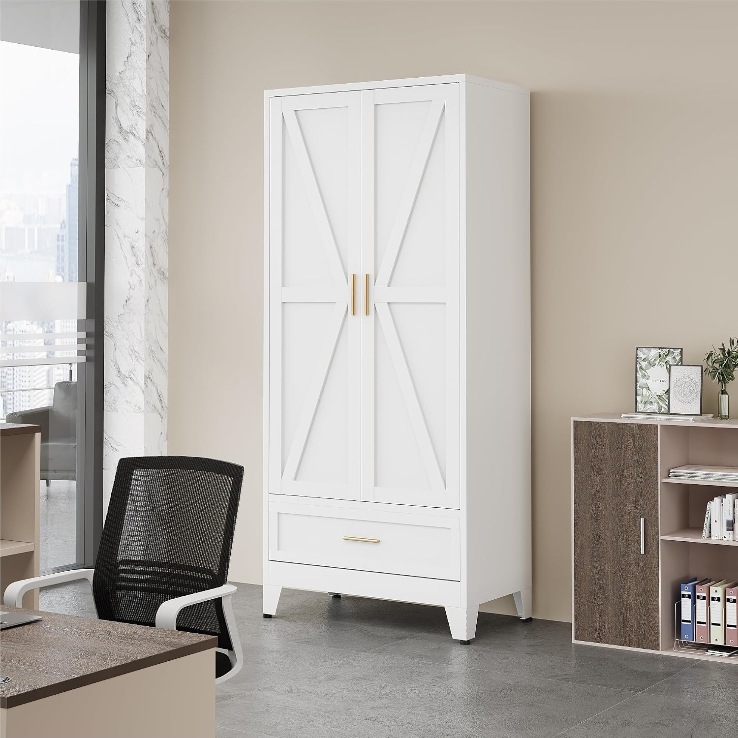 QINPTWUT 71' Storage Cabinet with Bottom Drawer, Pantry Cabinet in White with 2 Doors & 4 Adjustable Shelves, Freestanding Steel Cupboard for Garage, Home Office, Kitchen, Heavy-Duty Storage
