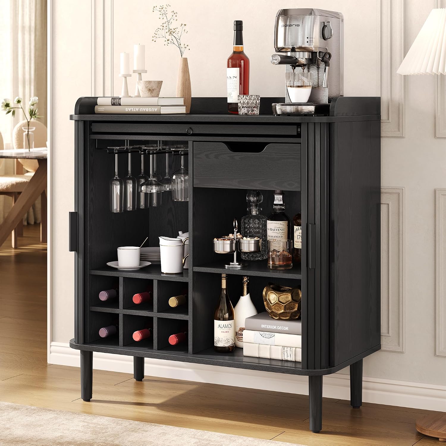 ONBRILL Fluted Bar Cabinet, Mid Century Modern Coffee Bar Cabinet, Wine Cabinet with Storage, Liquor Cabinet with Charging Station and Wine Racks Glass Holder for Home Living Room Kitchen Black