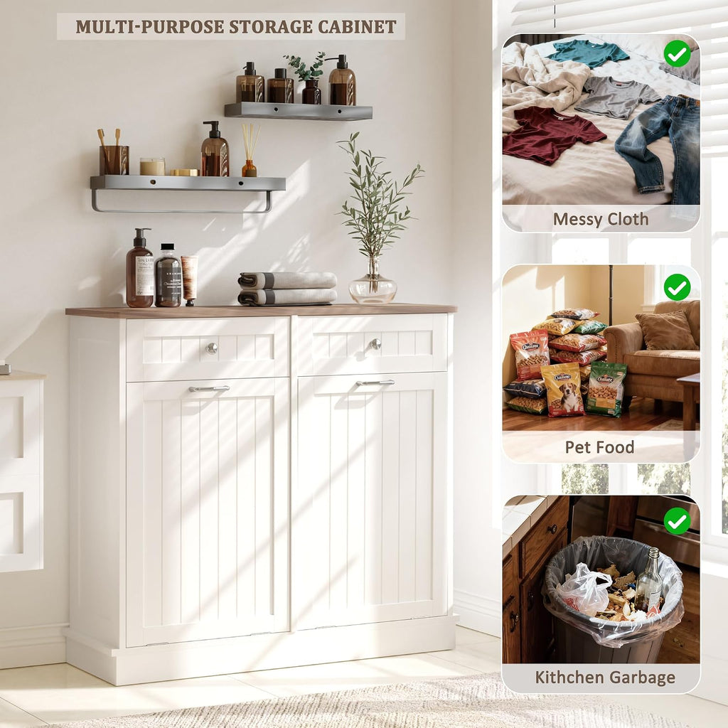 KIGOTY Double Tilt Out Trash Can Cabinet, 20 Gallon Hidden Trash Storage Cabinet with 2 Hideaway Drawers, Freestanding Trash Can for Kitchen, Wooden Laundry Hamper Cabinet, Pet Proof (White-Walnut)