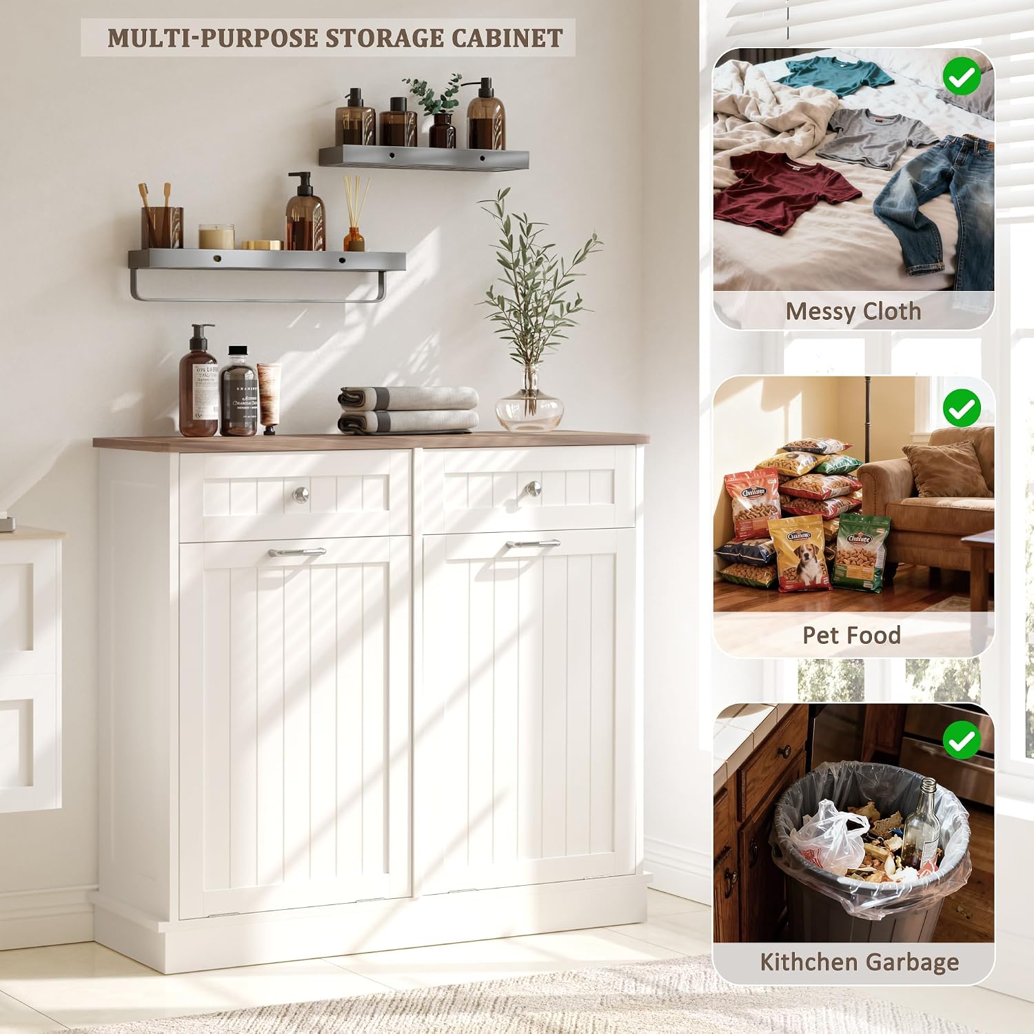 KIGOTY Double Tilt Out Trash Can Cabinet, 20 Gallon Hidden Trash Storage Cabinet with 2 Hideaway Drawers, Freestanding Trash Can for Kitchen, Wooden Laundry Hamper Cabinet, Pet Proof (White-Walnut)