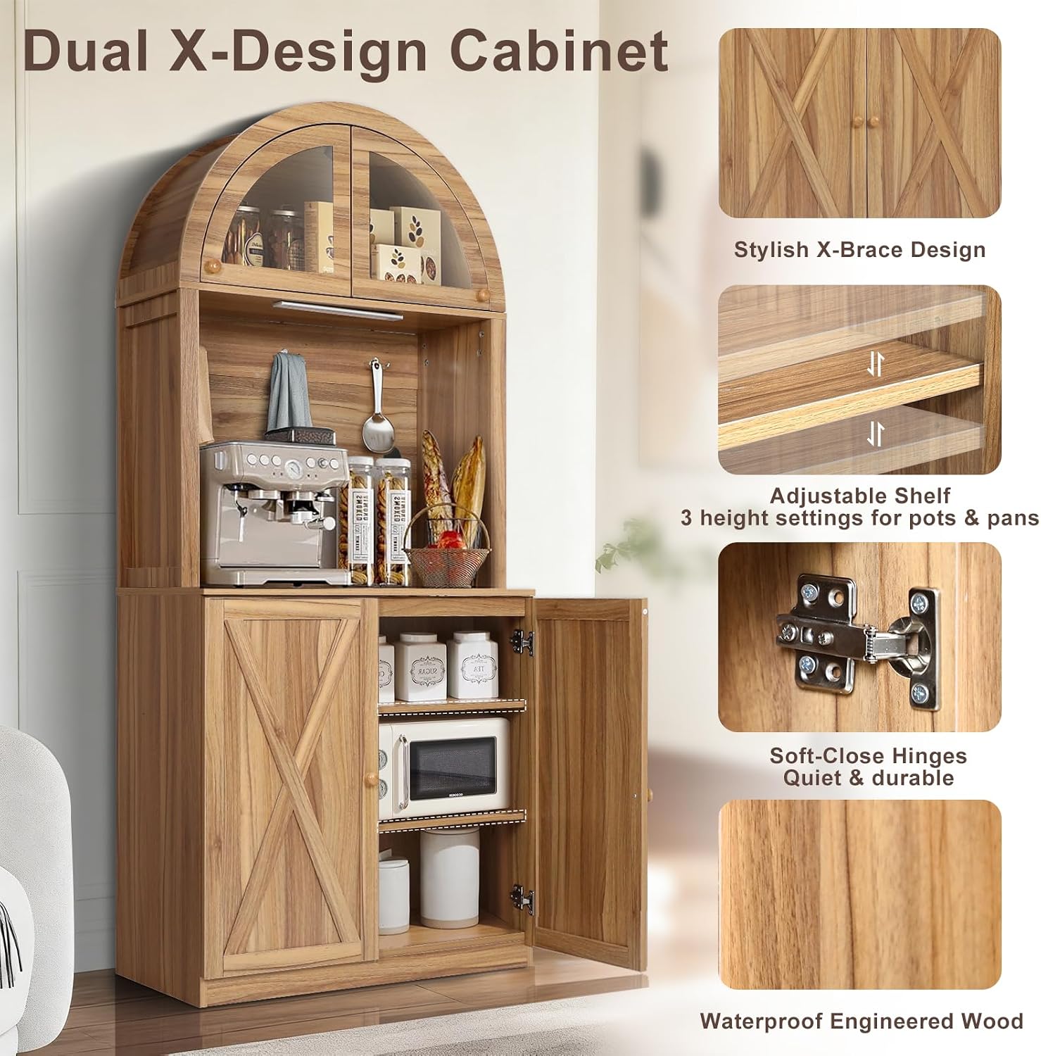 71' Farmhouse Arched Buffet Cupboard with Adjustable Shelves & Glass Door | Sturdy Engineered Wood, Acrylic Glass, Durable, Moisture-Resistant, Easy Assembly, for Dining Room, Bathroom, Living Room