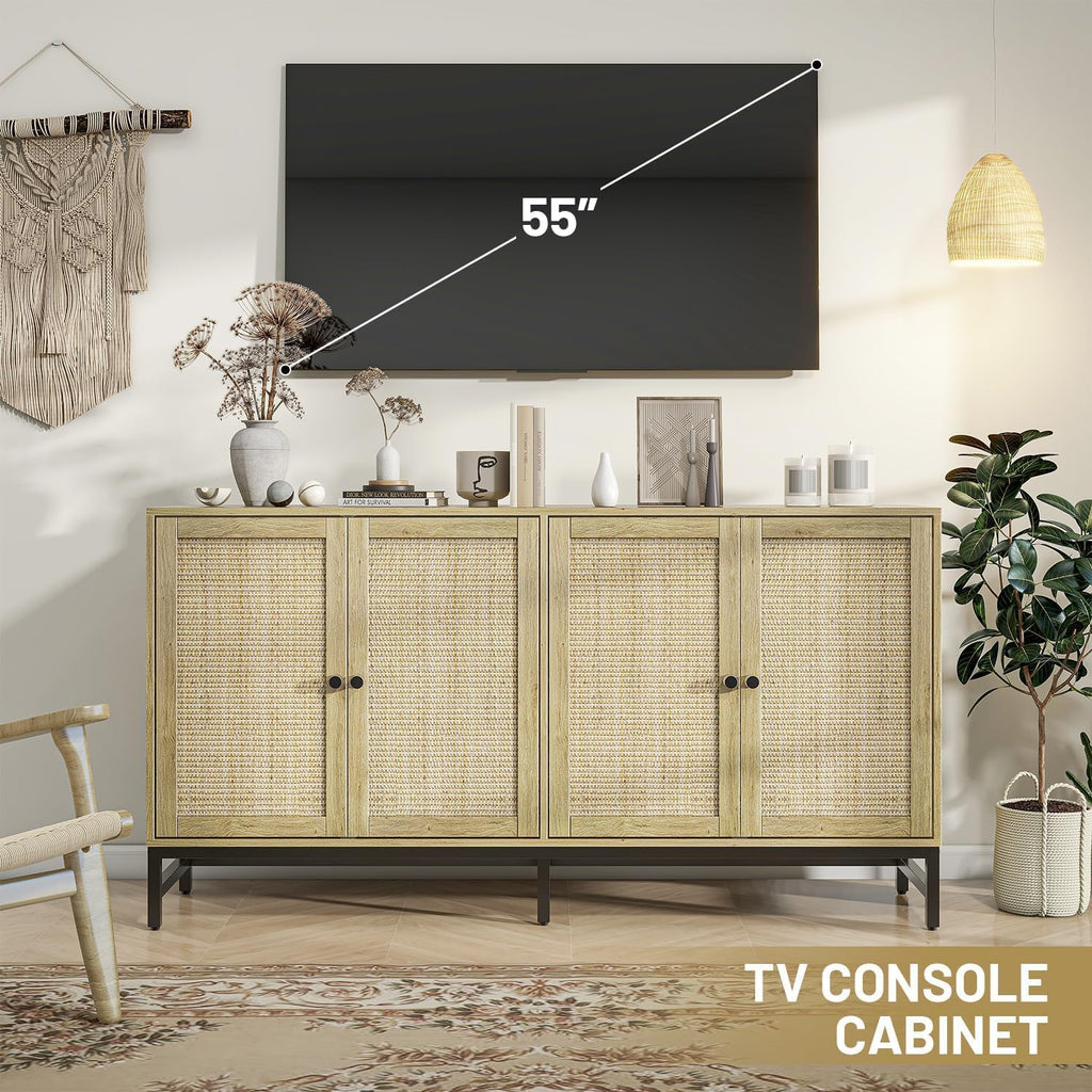 ZLWJGY Rattan Sideboard Buffet Cabinet, Natural Storage Credenza Accent Cabinet with 4 Doors, 59' Large Mid Century Modern Console Table for Kitchen, Living Room and Dining Room