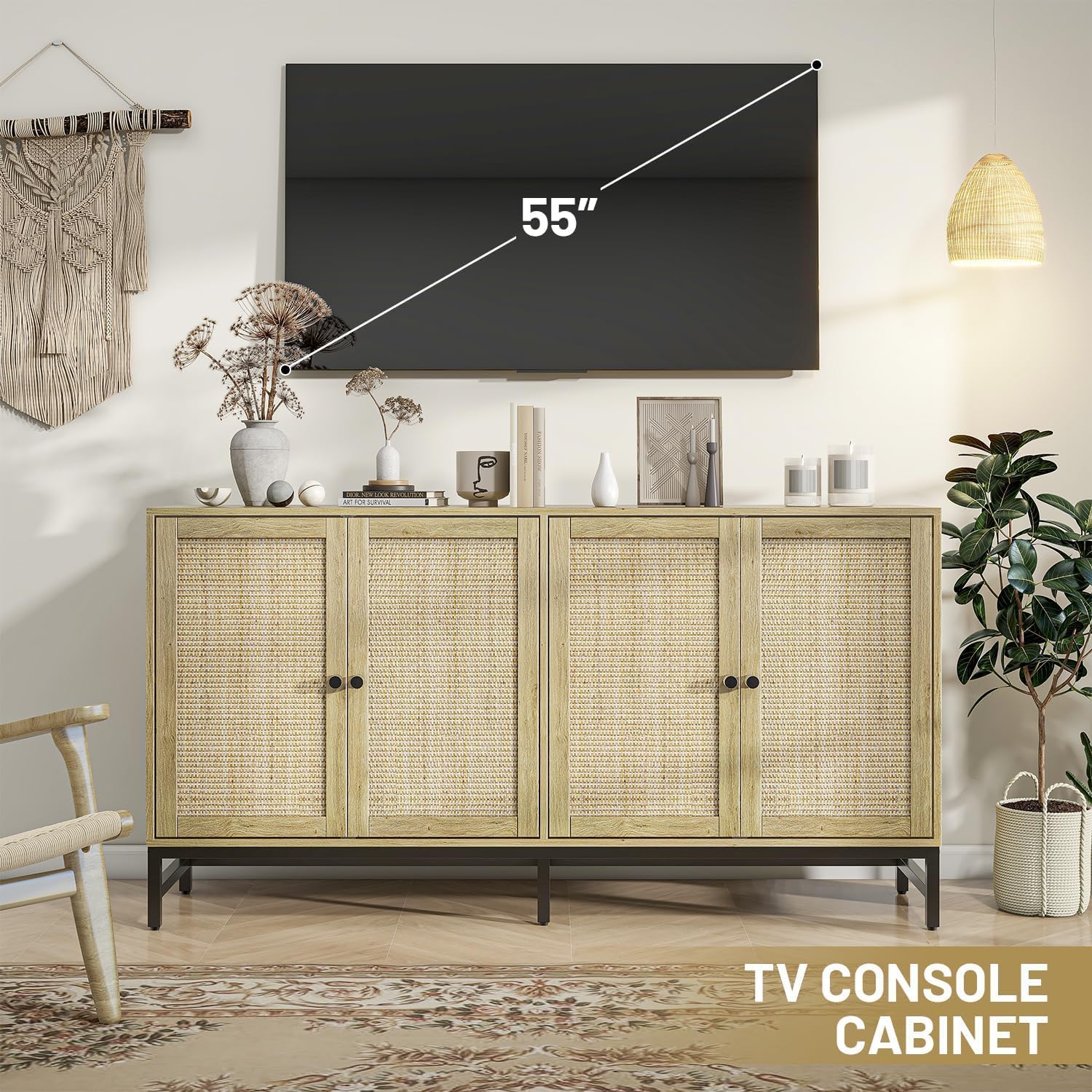 ZLWJGY Rattan Sideboard Buffet Cabinet, Natural Storage Credenza Accent Cabinet with 4 Doors, 59' Large Mid Century Modern Console Table for Kitchen, Living Room and Dining Room