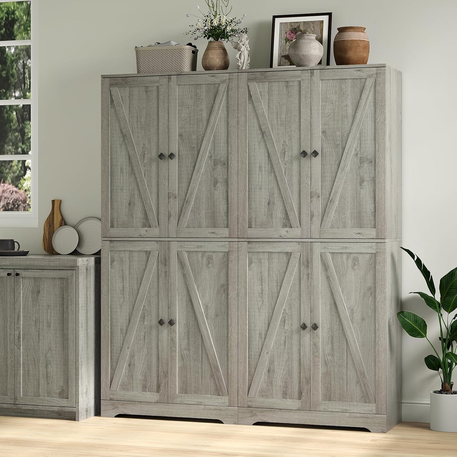 Kitchen Pantry Cabinet Set of 3, 72' Tall Farmhouse Storage Cabinet with 4 Barn Doors and Adjustable Shelves, Versatile Storage for Kitchen, Living Room, Grey