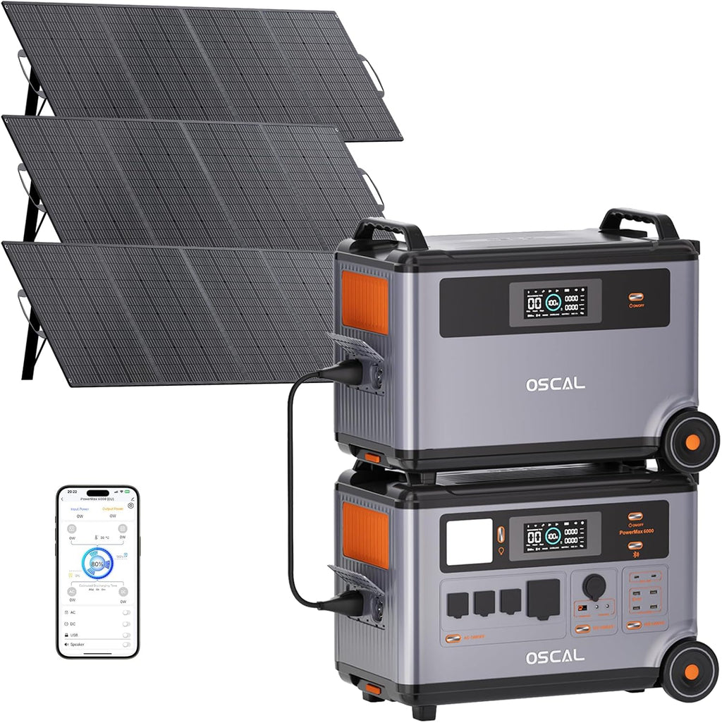 OSCAL 6000W(9000W Peak) Portable Solar Power Station with 3 * 400W Solar Panels, 3600Wh LiFePO4 Battery with 3600Wh Expansion Battery Pack, 2400W Solar Charging Generator for Camping, Home, Emergency