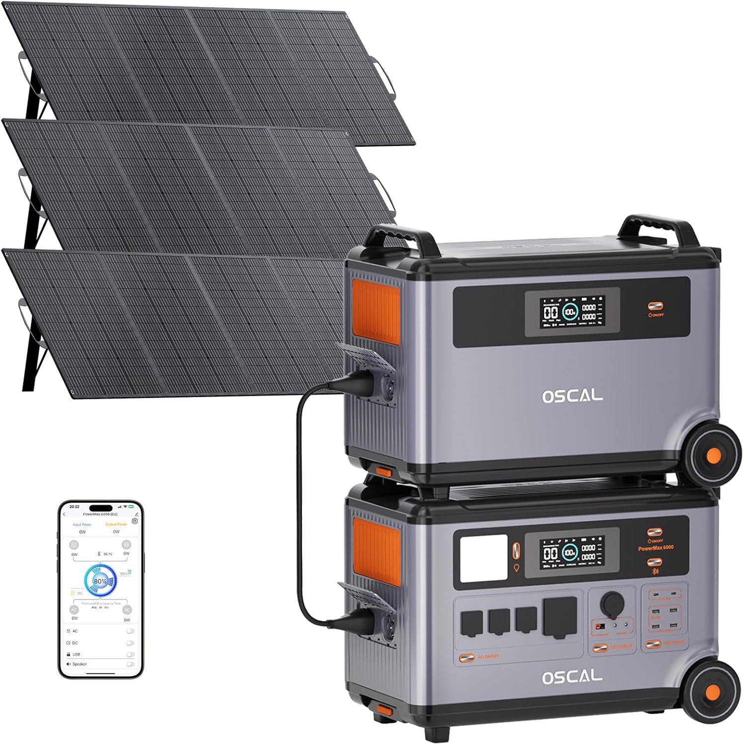 OSCAL 6000W(9000W Peak) Portable Solar Power Station with 3 * 400W Solar Panels, 3600Wh LiFePO4 Battery with 3600Wh Expansion Battery Pack, 2400W Solar Charging Generator for Camping, Home, Emergency