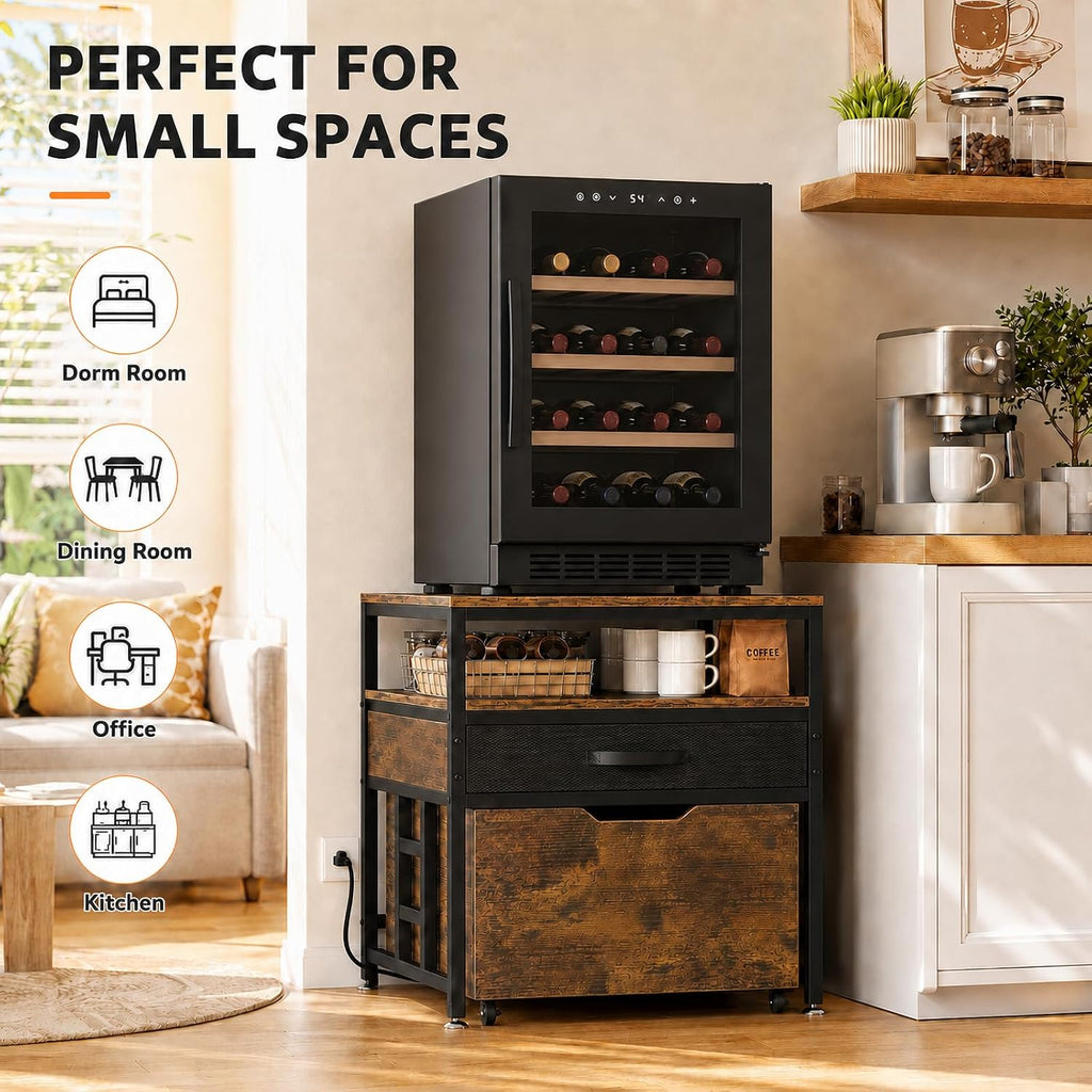 Mini Fridge Stand with Storage Drawer for Dorm Room, 220 lb Heavy Duty Refrigerator Stand with Power Outlet and Pull-Out Basket, Small Fridge Table for Apartment, office, Kitchen, Retro Brown
