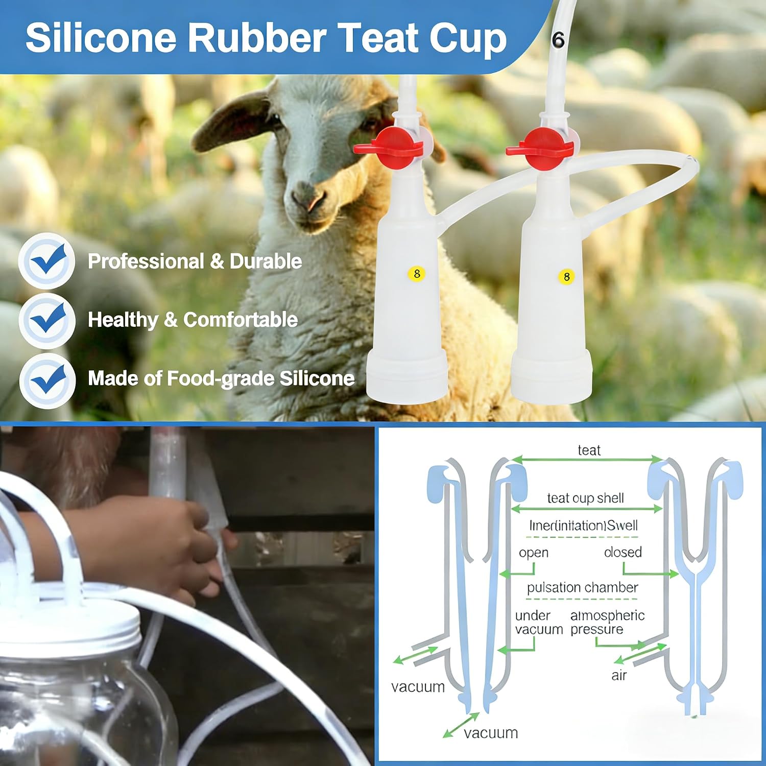 9L Goat Milking Machine, Rechargeable Battery Adjustable Pulse Vacuum Electric Goat Milking Machine,Portable Milking Machine,Individual Pulsation Adjustment, Udder Protection