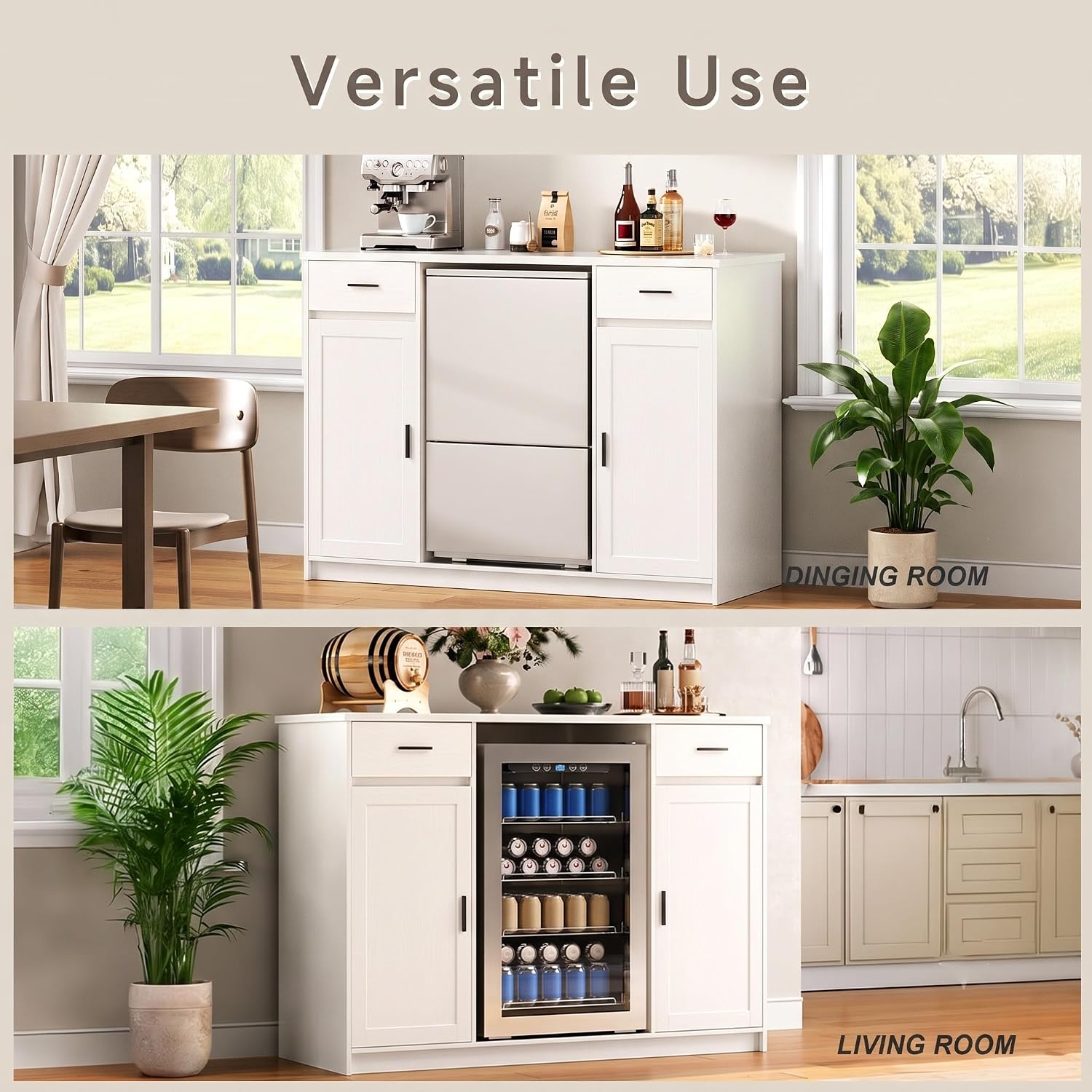 Herture Mini Fridge Cabinet,Coffee Bar Cabinet with Fridge Space & Wine Storage with Outlets,Fits 24' Fridge,Mini Fridge Stand,Buffet Sideboard Table Wine Cabinet for Kitchen Dining Room White KH04MRN