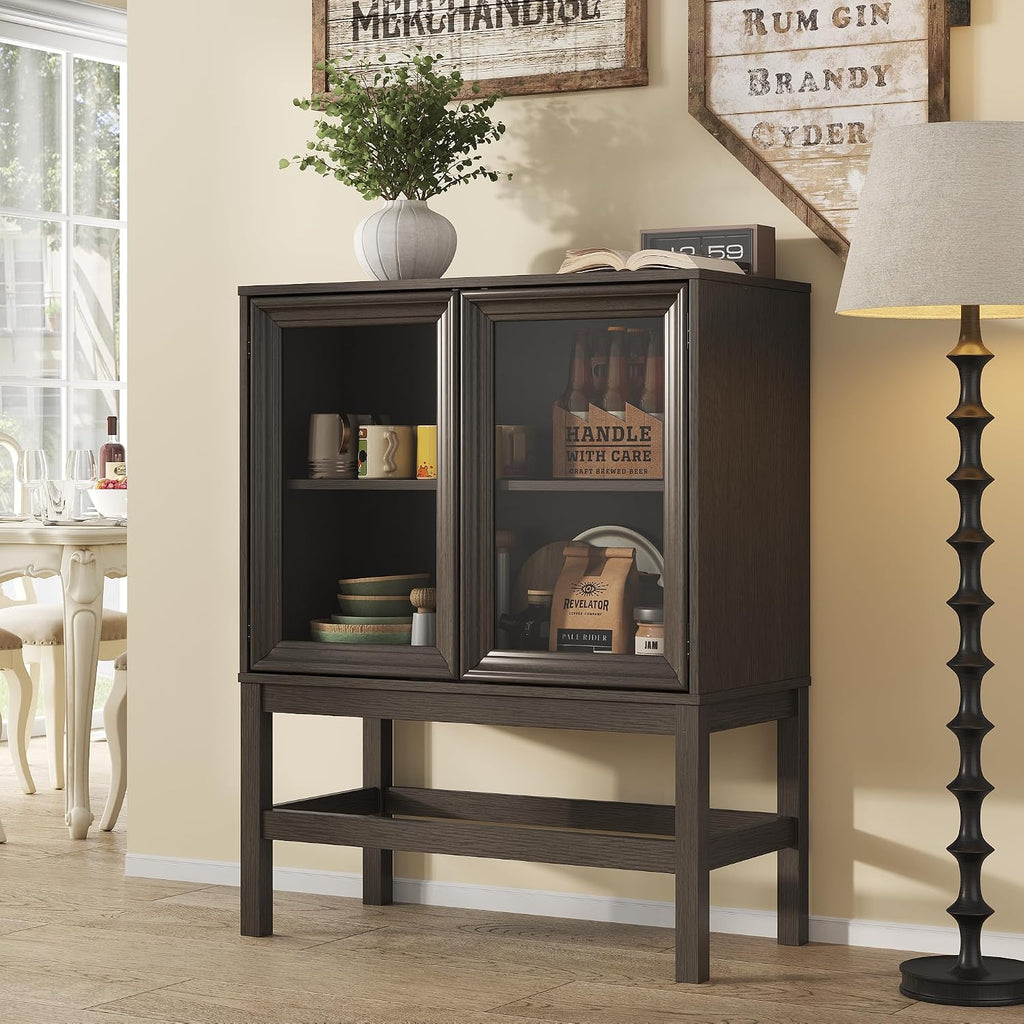Sideboard Buffet Cabinet with Storage Set of 2, Small Kitchen Coffee Wine Bar Cabinet with Glass Doors, Wood Mid Century Modern Side Board Table for Dining Room, Living Room