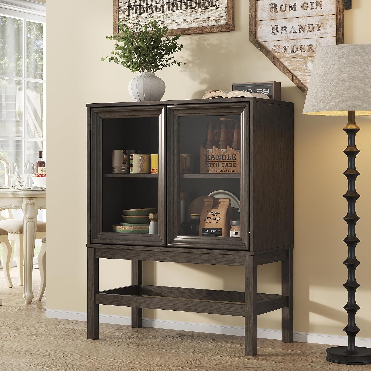 Sideboard Buffet Cabinet with Storage Set of 2, Small Kitchen Coffee Wine Bar Cabinet with Glass Doors, Wood Mid Century Modern Side Board Table for Dining Room, Living Room