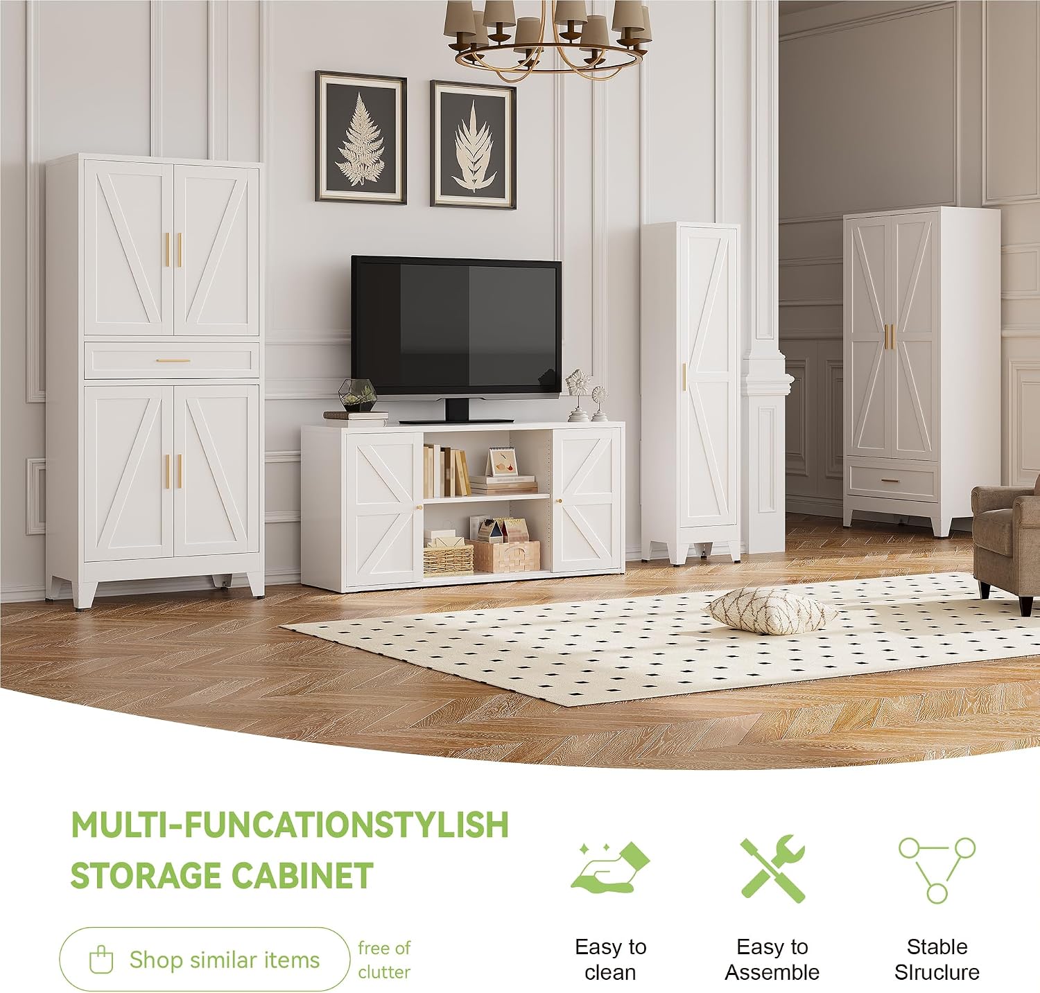 71'Tall Metal Storage Cabinet with Drawer and 4 Adjustable Shelves,Farmhouse Kitchen Pantry Storage Cabinet with Doors, Freestanding White Locker Cabinets for Office,Dining Room,Bathroom(White)