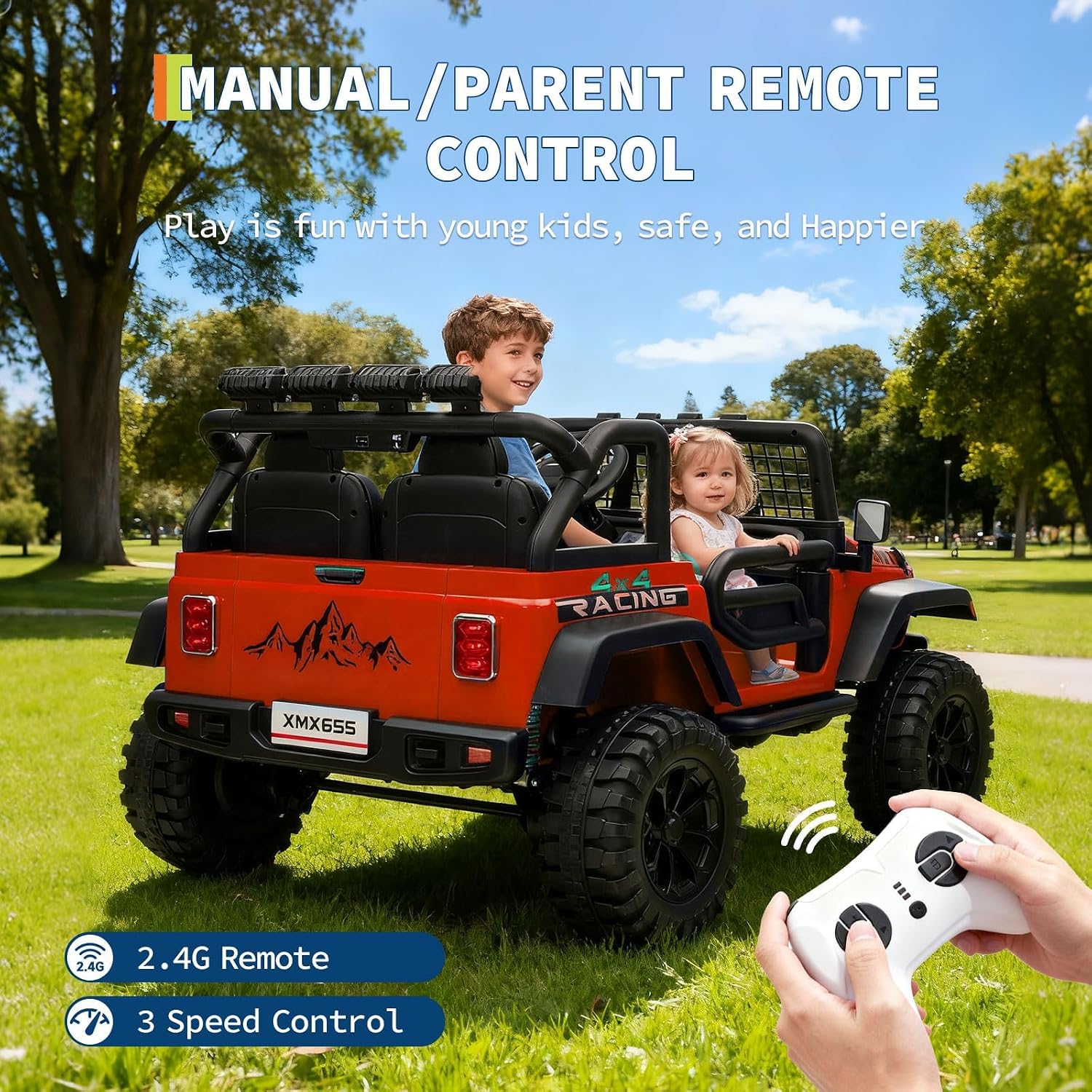 24V Ride on Car for Kids, 2 Seater Electric Truck with Parent Remote Control, Spring Suspension, 2 Speeds, LED Headlight & Music Player, Kids Electric Vehicle for Aged 3-8 Years, Red