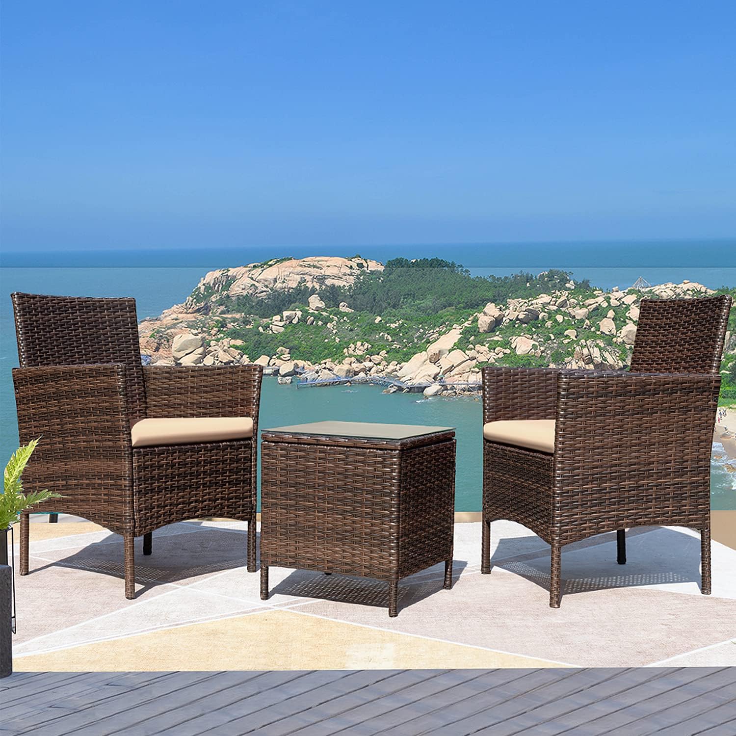 Greesum 3 Pieces Patio Furniture PE Rattan Wicker Chair Conversation Set, Brown and Beige & Keter Marvel Plus 71 Gallon Resin Deck Box-Organization and Storage