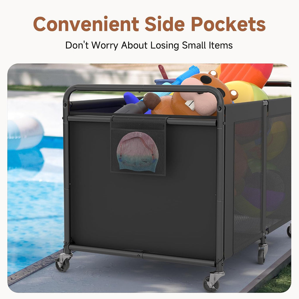 StorageWorks 210 Gallon Pool Float Storage, Mesh Pool Toy Storage Bin with Wheel and Side Pockets, Large Swimming Organizer, Outdoor Noodles Holder, Black