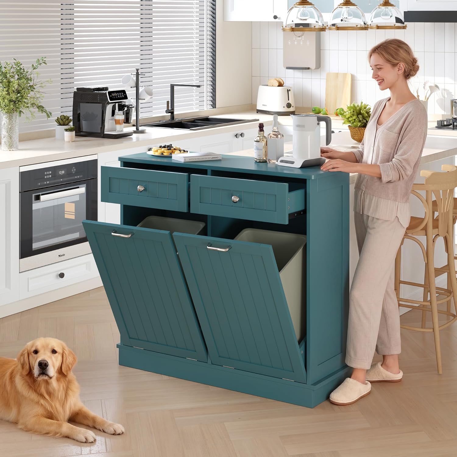 KIGOTY Double Tilt Out Trash Can Cabinet, 20 Gallon Hidden Trash Storage Cabinet with 2 Hideaway Drawers, Freestanding Trash Can for Kitchen, Wooden Laundry Hamper Cabinet, Pet Proof (Lake Blue)