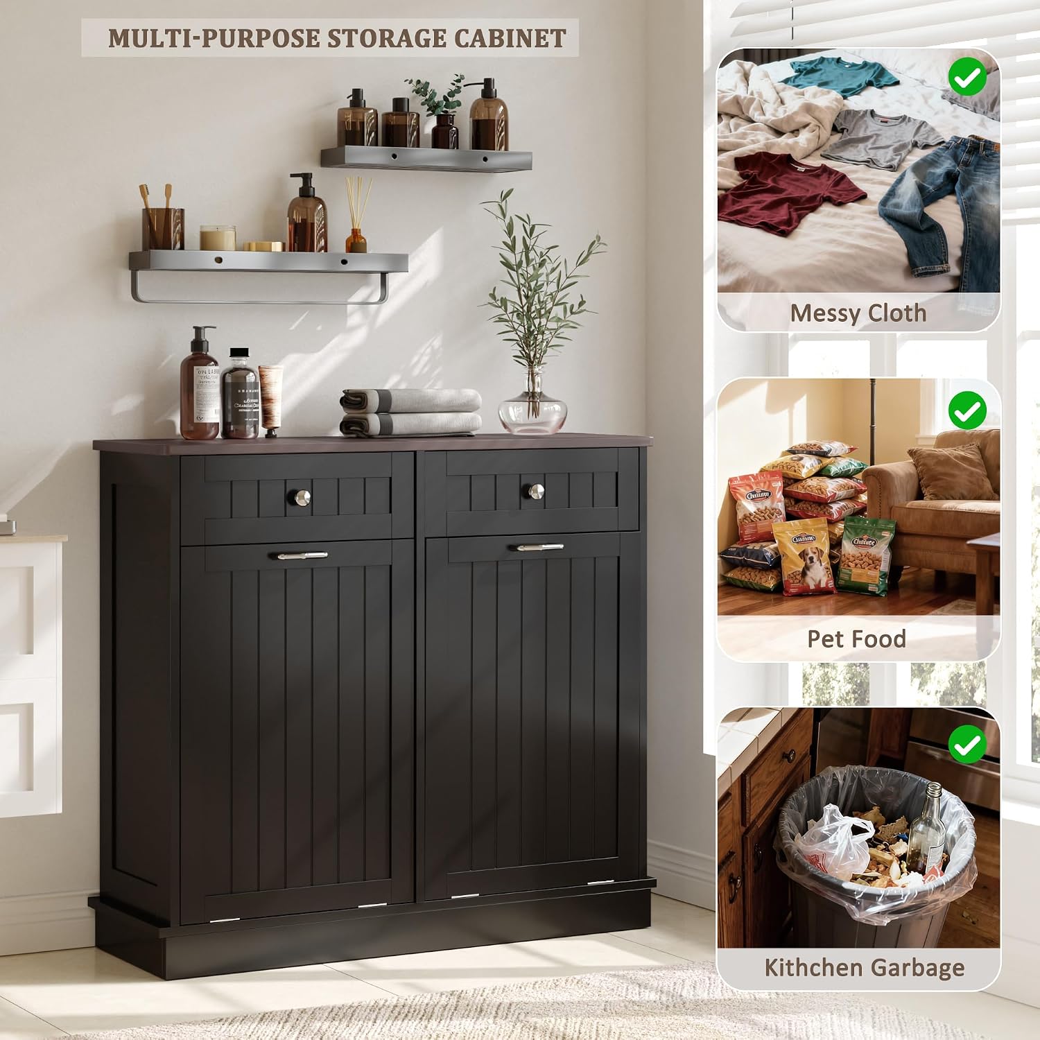 KIGOTY Double Tilt Out Trash Can Cabinet, 20 Gallon Hidden Trash Storage Cabinet with 2 Hideaway Drawers, Freestanding Trash Can for Kitchen, Wooden Laundry Hamper Cabinet, Pet Proof (Black)