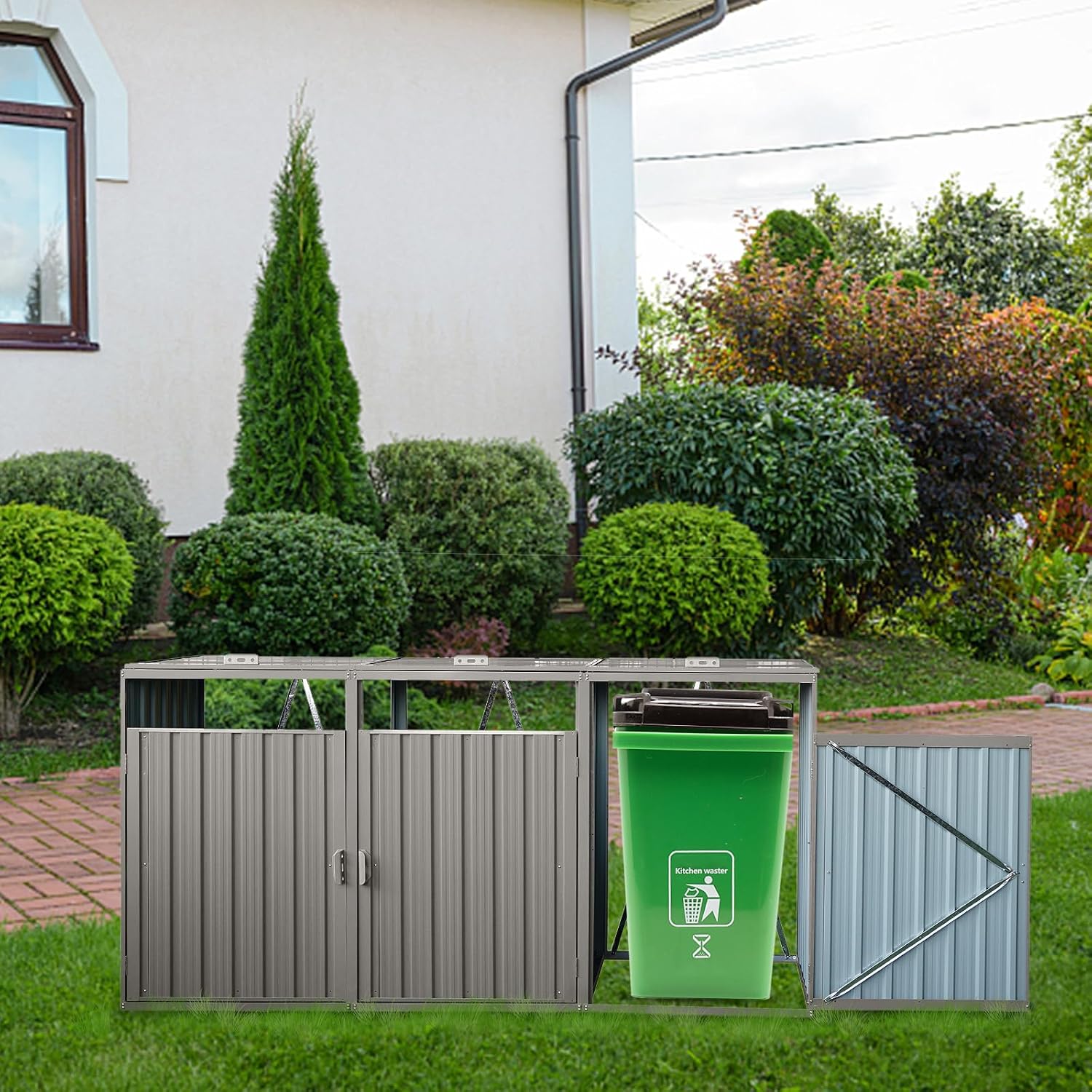 YOPTO Garbage Bin Storage Shed for 3 Trash Cans,Outdoor Trash Can Storage for Patio,Stainless Galvanized Steel Bin Shed,Rust-Proof & Scratch-Resistant Trash Can Hider,for Garden,Yard,Lawn,Grey, Gray