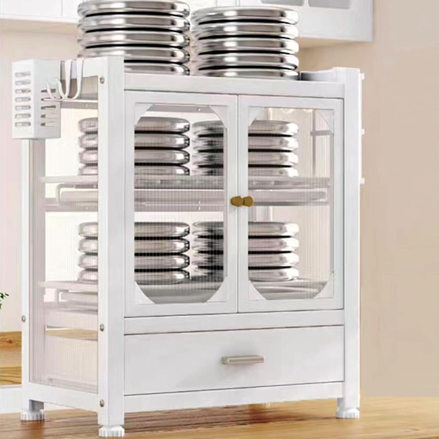 Kitchen Countertop with Drawers Dish Cabinet, Dish Rack,Dual Door Dustproof Multifunctional Kitchen Storage Cabinet Suitable for Kitchens and Restaurants (White)