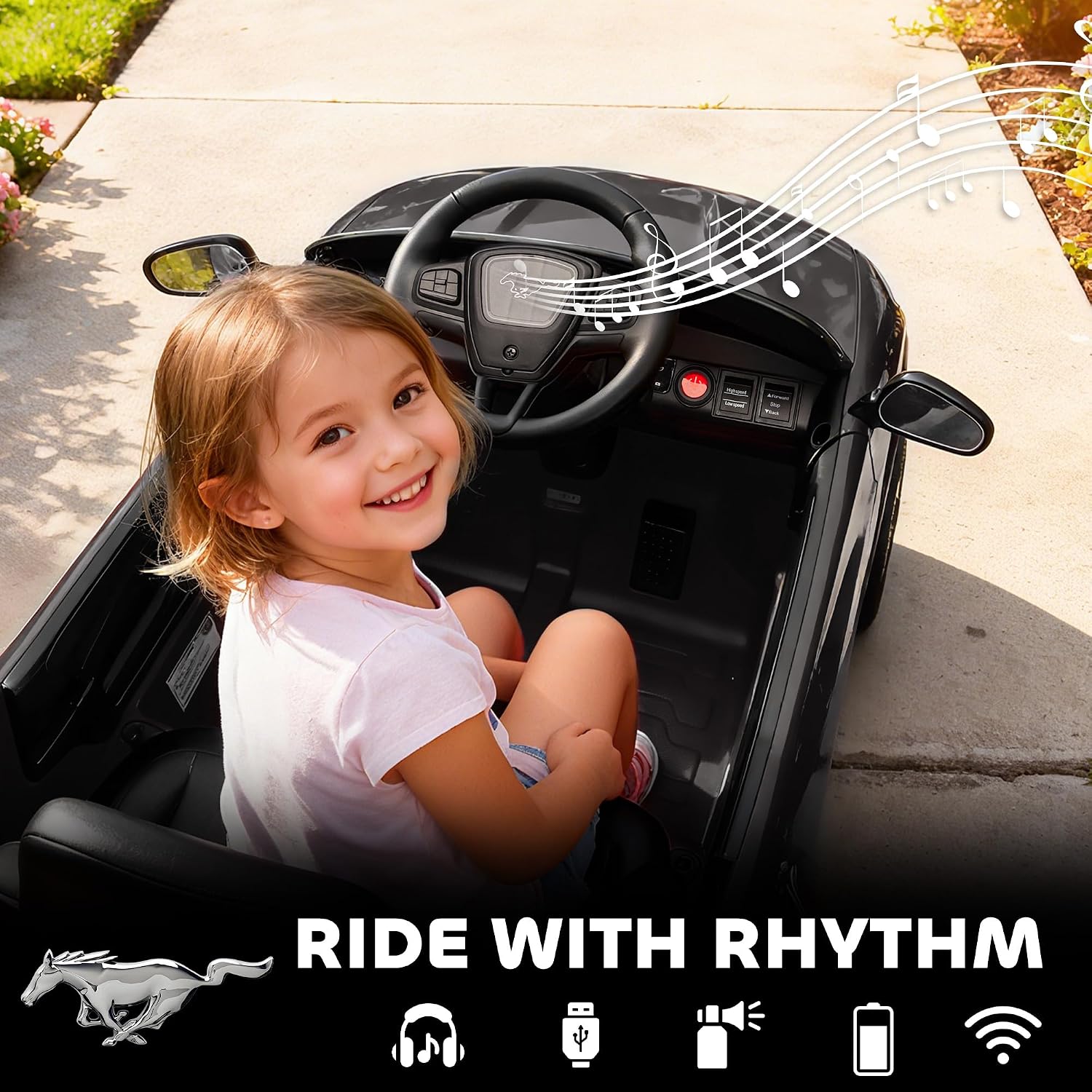 Qaba 12V Kids Ride On Car, Licensed Ford Mustang Mach-E Electric Car with Remote Control, 3 Speeds, LED Light, Music, Bluetooth, Suspension Wheels, Battery Powered Toy for Ages 3–5 Years, Black