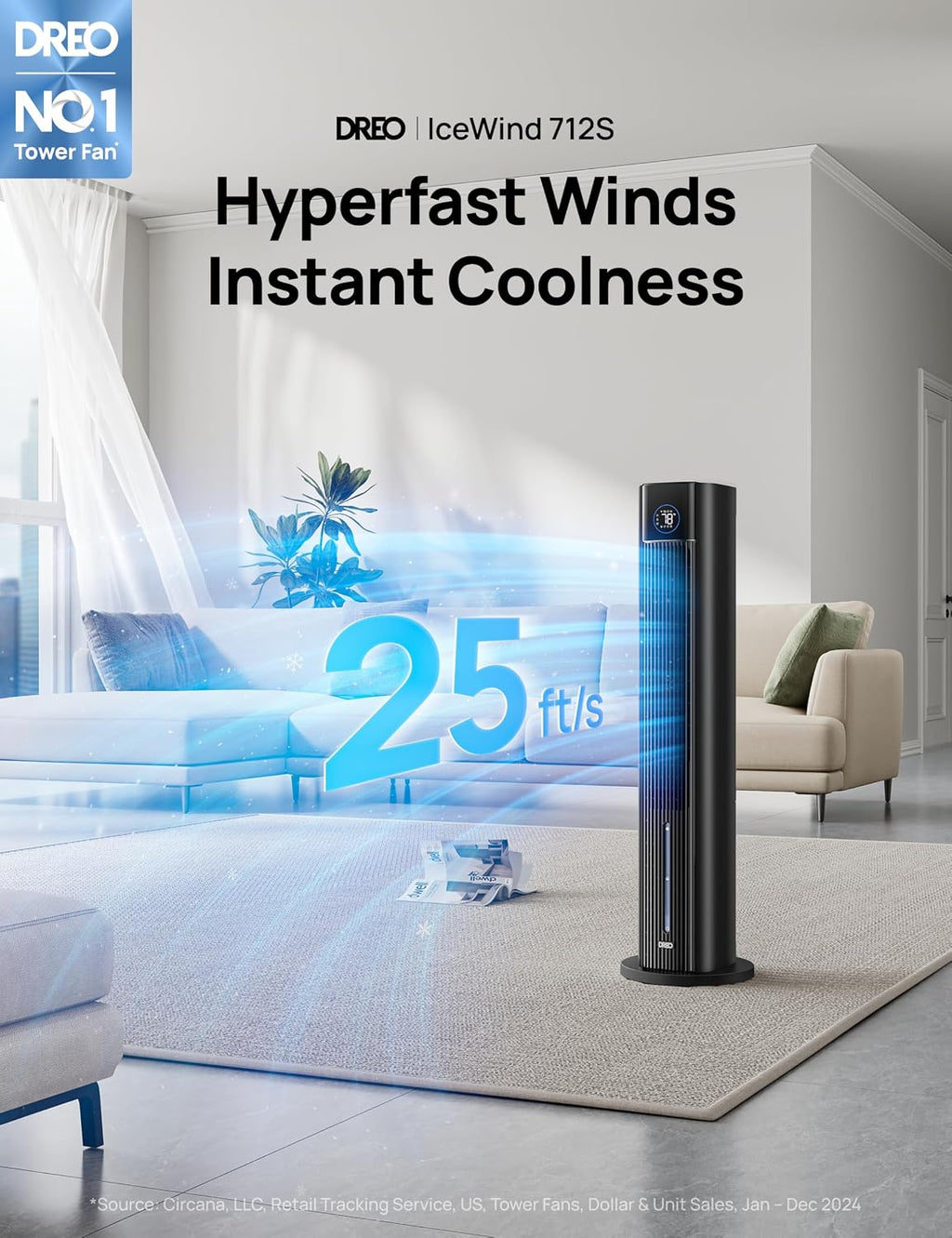 DREO Evaporative Air Swamp Cooler, 43' Cooling Fans that Blow Cold Air 2025 Upgraded, 85° Oscillating Floor Fan for Bedroom, Easy Cleaning, APP Control, Ice Packs, 4 Speeds & 4 Modes, 12H Timer, Black