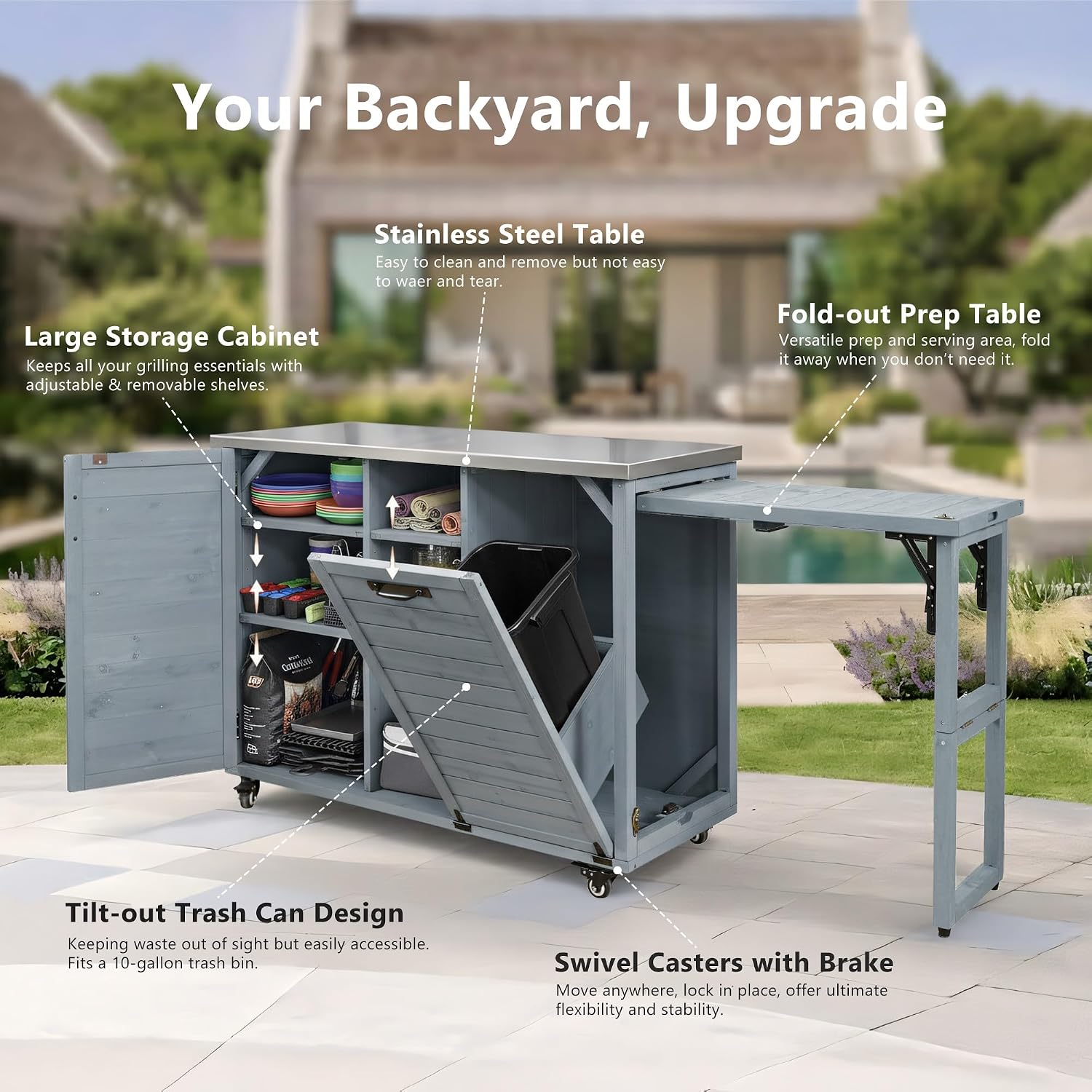 LUMISOL Outdoor Grill Cart with Stainless Steel Top, Movable Outdoor Kitchen Island with Foldable Grill Table, Rolling Kitchen Cart with Trash Can Storage, Outdoor Prep Table for Parties, Grey Blue
