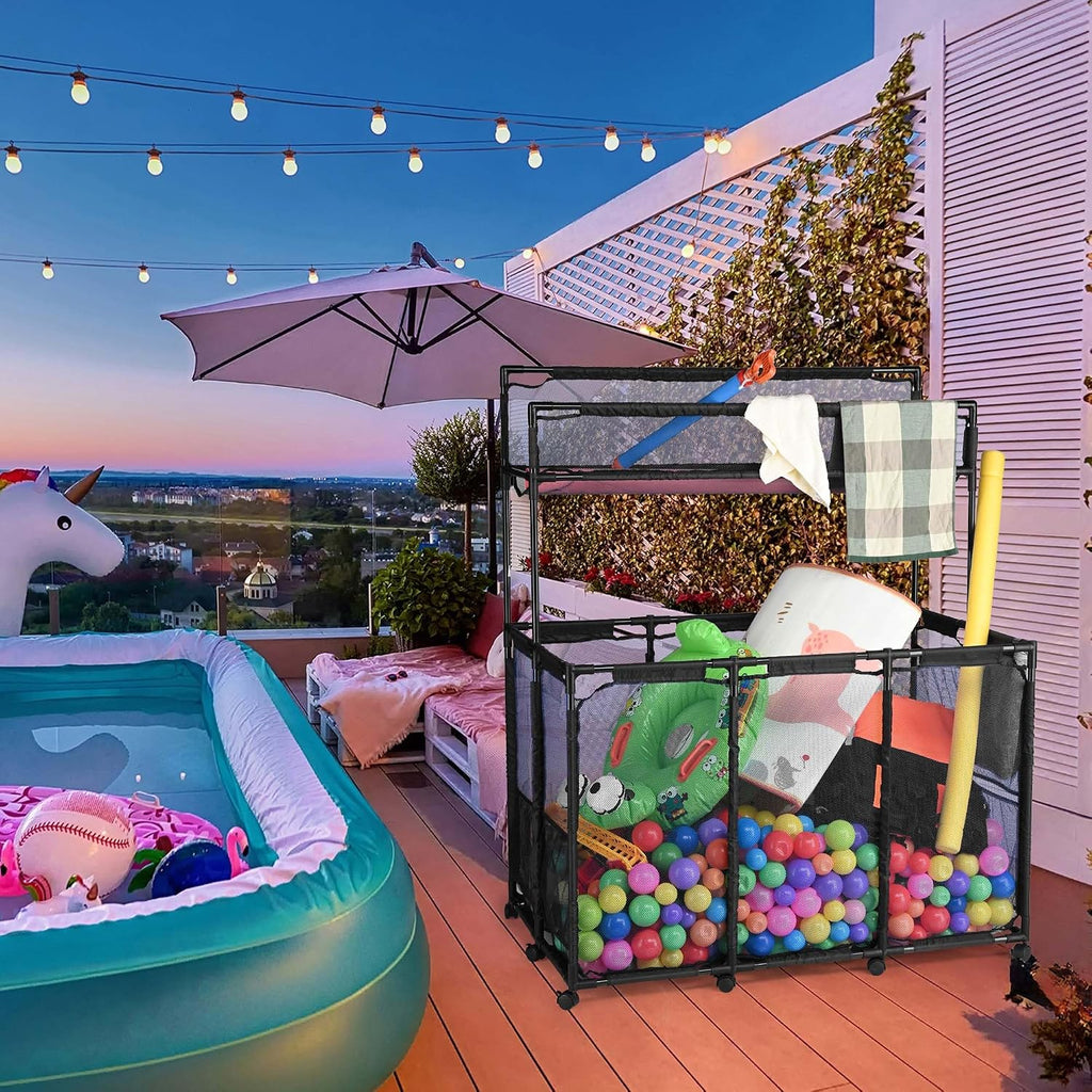 Yescom225 Gallon Pool Float Storage Bin Basket with Blue Cover Replacement Toy Raft Noodles Outdoor Double Tiers 49' x 30' x 61' Metal Frame 6 Wheels Mesh Rolling Organizer Cart