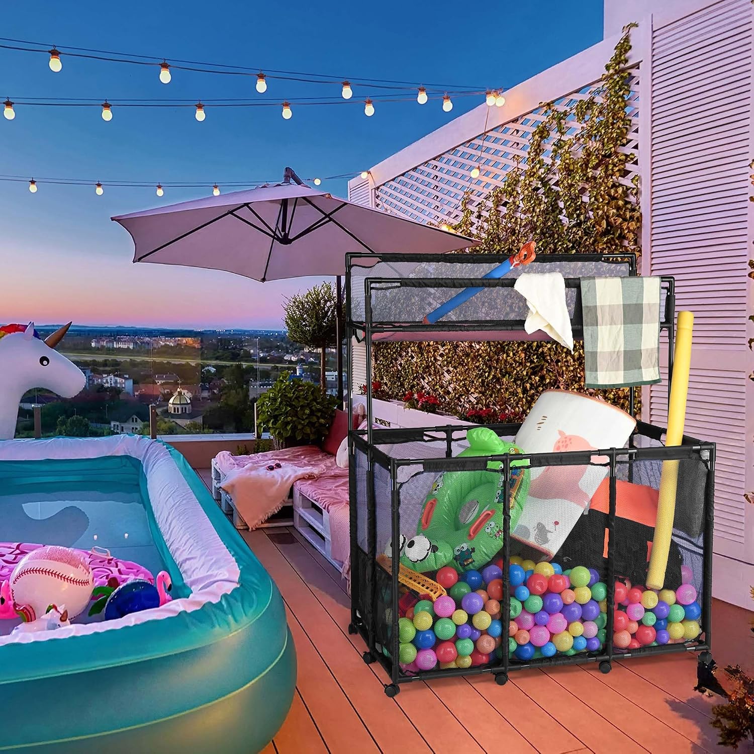 Yescom225 Gallon Pool Float Storage Bin Basket with Blue Cover Replacement Toy Raft Noodles Outdoor Double Tiers 49' x 30' x 61' Metal Frame 6 Wheels Mesh Rolling Organizer Cart