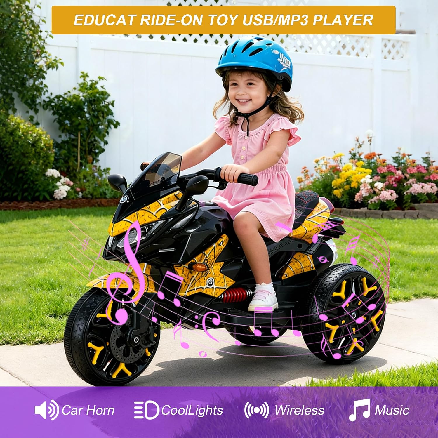 12V Kids Electric Motorcycle with Training Wheels | Plastic, PU seat, manual throttle, foot brake, USB, MP3, phone link, light-up wheels, ages 3-6, 45.3 W x 23.2 D x 28.7 H in