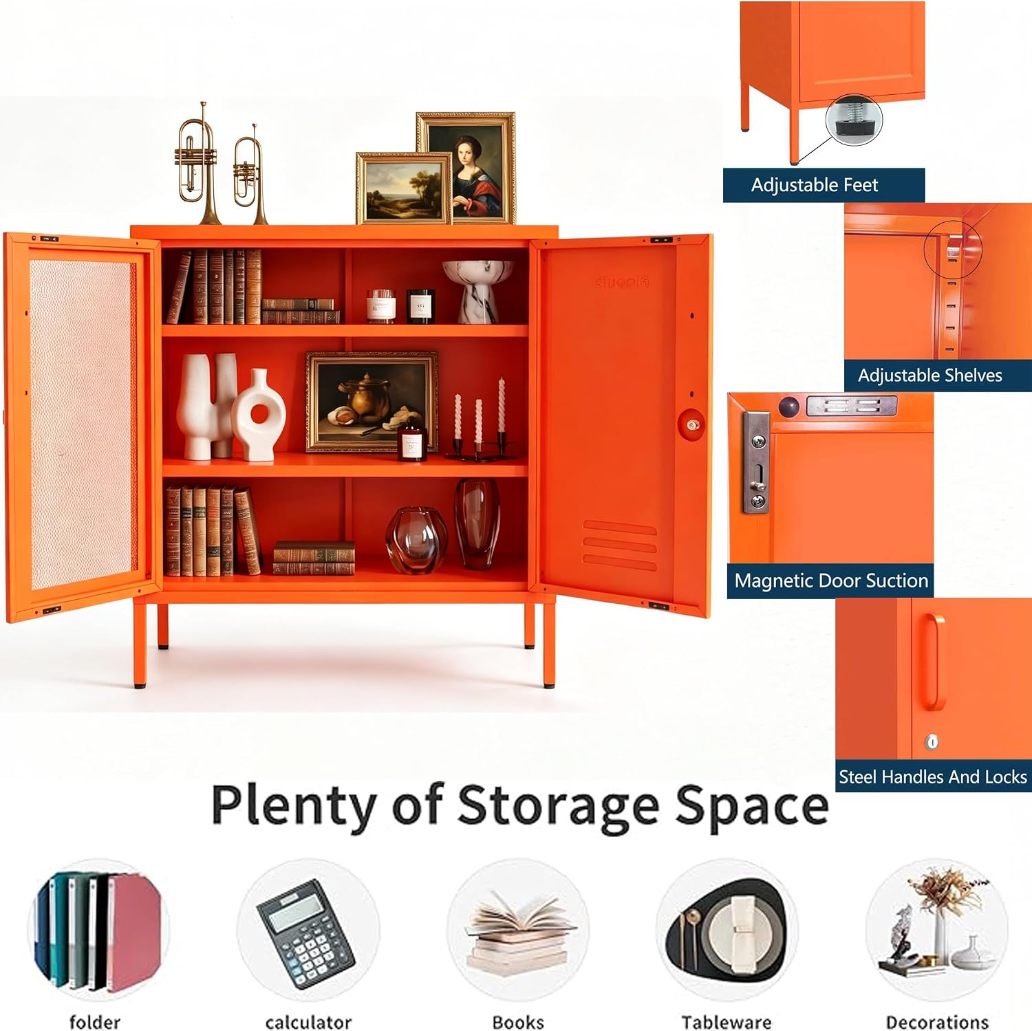 Orange Metal Locker CabinetsMetal Locker Storage Cabinet with Mesh Doors and Adjustable Shelves Coffee Bar Cabinet,Kitchen Pantry Storage Cabinets for Home, Office, Entryway and Hallway