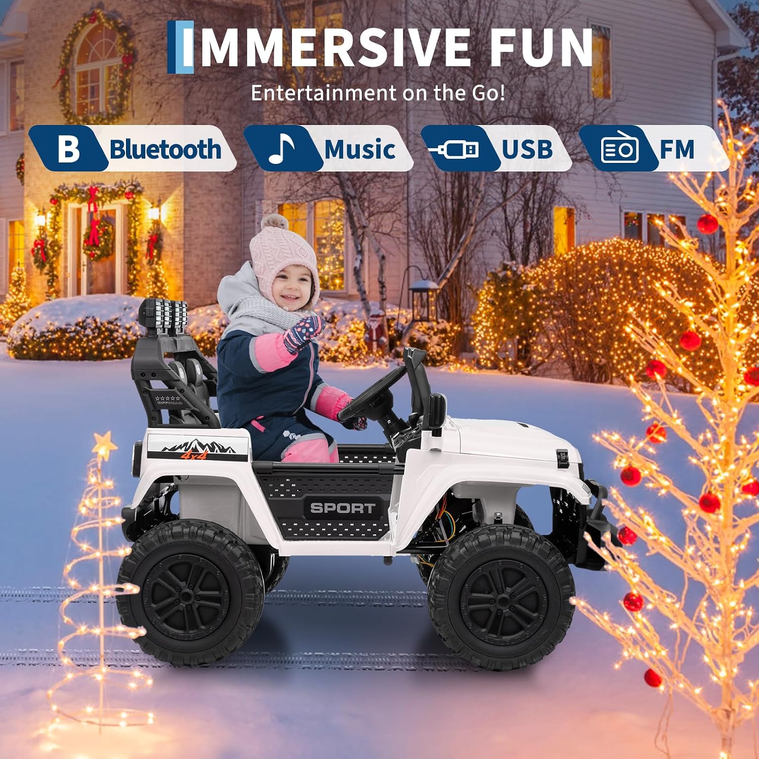 GarveeLife 24V Ride on Toys, 2 Seater Kids Ride on Truck Car, Parent Remote Control, 4WD 800w Motor, 3 Adjustable Speeds, Built-in Music Player, Kids Electric Ride on Toys with Easy Assembly, White