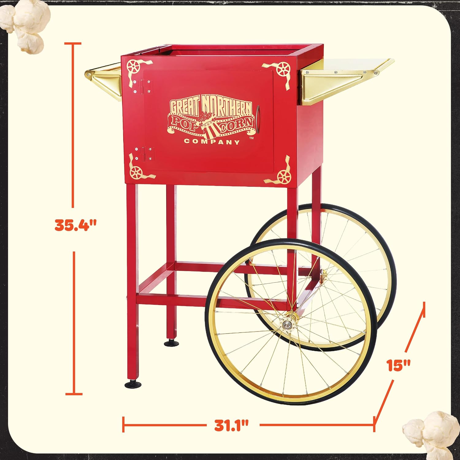 Popcorn Cart - Vintage Replacement Stand for 8-Ounce Poppers with Shelf, Push Handle, and Bicycle-Style Wheels by Great Northern Popcorn (Red)