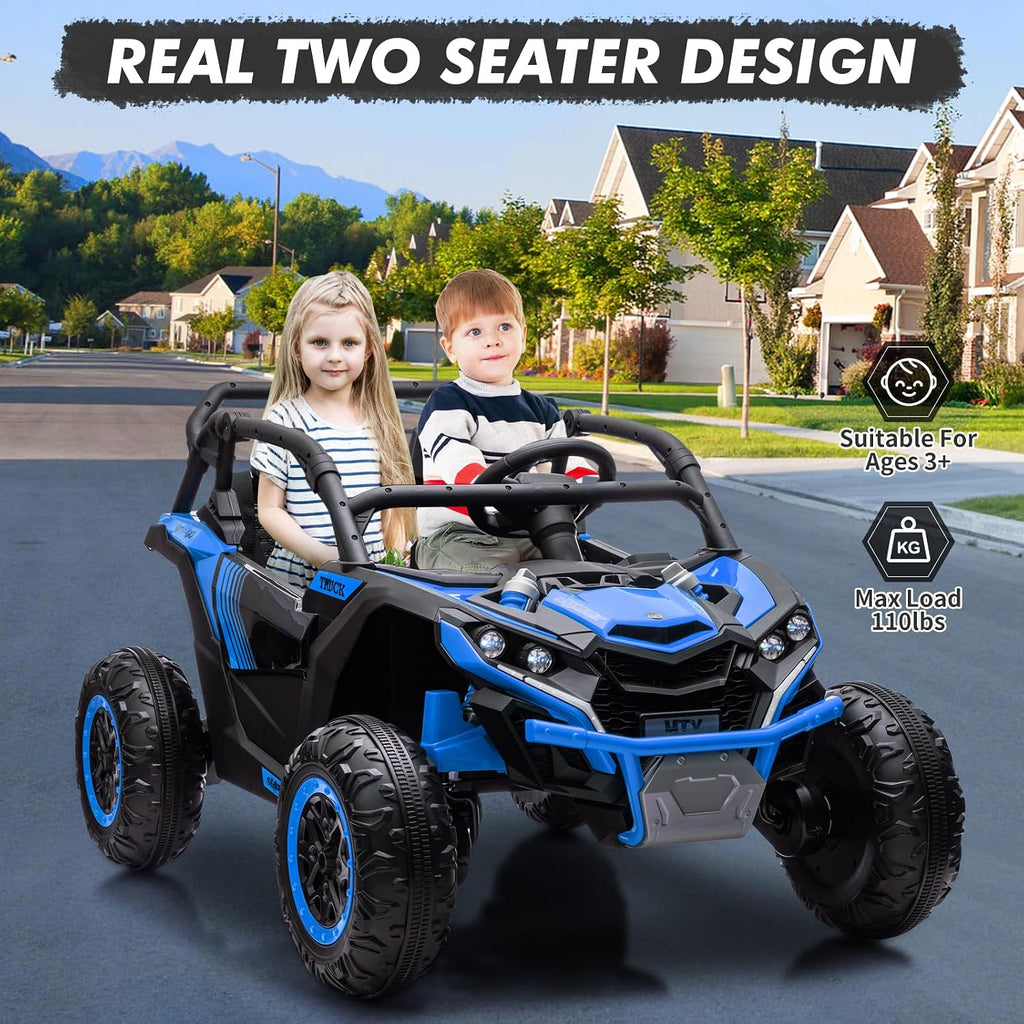 GarveeLife 24V Ride On Utv for Kids, 2 Seater 4WD Electric Truck with Remote Control, High and Low Speed Adjustment, Led Lights, 4-Wheel Shock Absorption, One Click Start, Music Player(Blue)