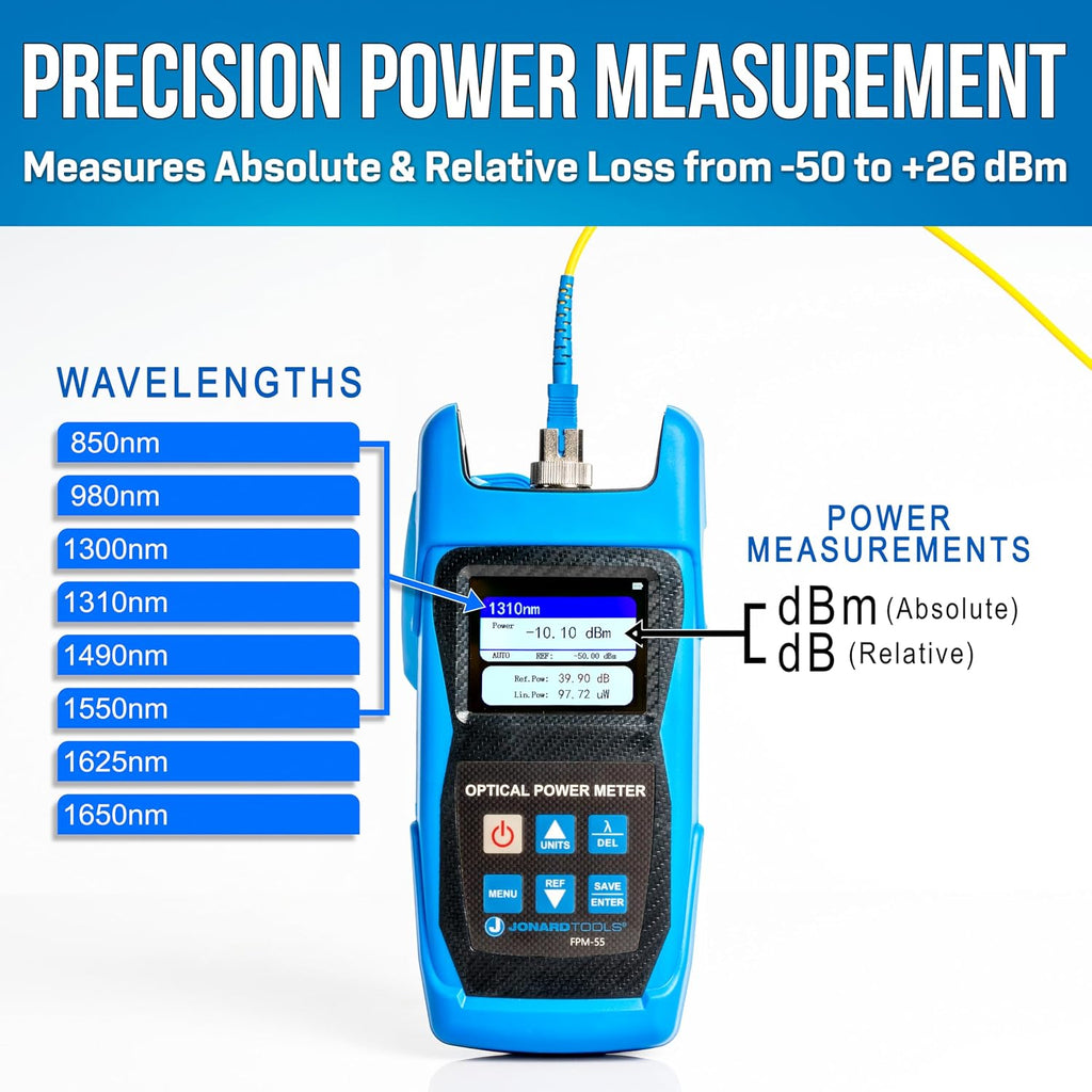 Jonard Tools FPM-55 High Precision Fiber Optic Power Meter with Data Storage (-50 to +26 dBm) and FC/SC/LC Adapters- 2025 Model