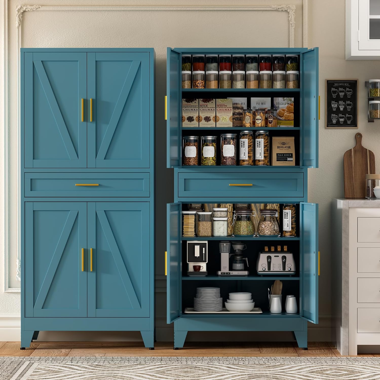 Baborokic 71' Tall Metal Storage Cabinet with Adjustable Shelves,Farmhouse Kitchen Pantry Cabinet with 2 Barn Doors and Drawer,Large Storage Cabinets for Dining Room,Bathroom,Living Room(Blue)