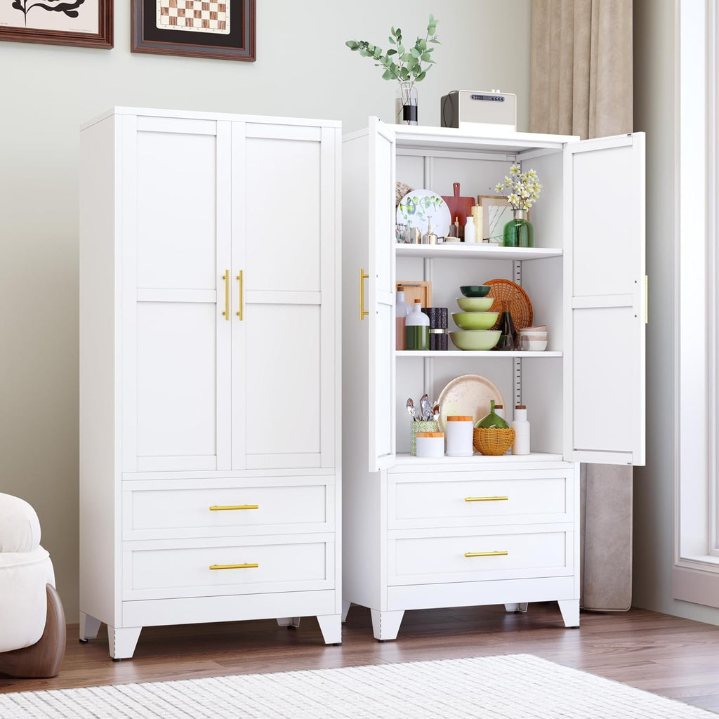 GAIOUS 71' Tall Metal Pantry Cabinet, Steel Storage Cabinets with 2 Drawers | 2 Adjustable Shelf and 2 Doors, Used as Kitchen cabinet, Freestanding Cupboard for Kitchen, Office, Living Room (White)