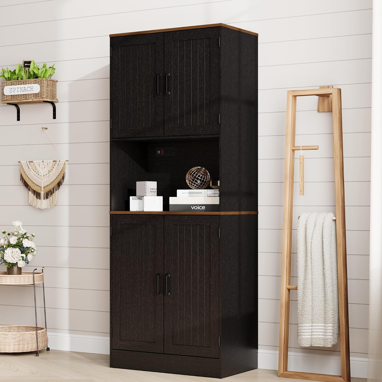 MHOM 71' Tall Pantry Cabinet with Charging Station, Farmhouse Kitchen Hutch with Adjustable Shelves, Modern Kitchen Pantry Storage Cabinet for Dinning Room & Living Room, Antique Black