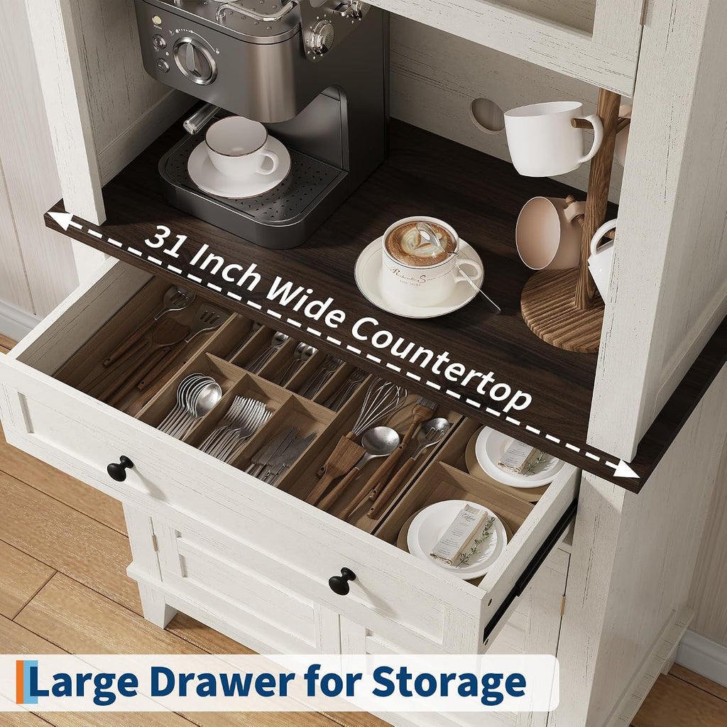 GAOMON Elegant 72' White Pantry Coffee Bar Cabinet – Tall Kitchen Storage with Adjustable Shelves, 4 Glass Doors & 1 Drawer – Multi-Functional Hutch for Dining Room & Kitchen, White