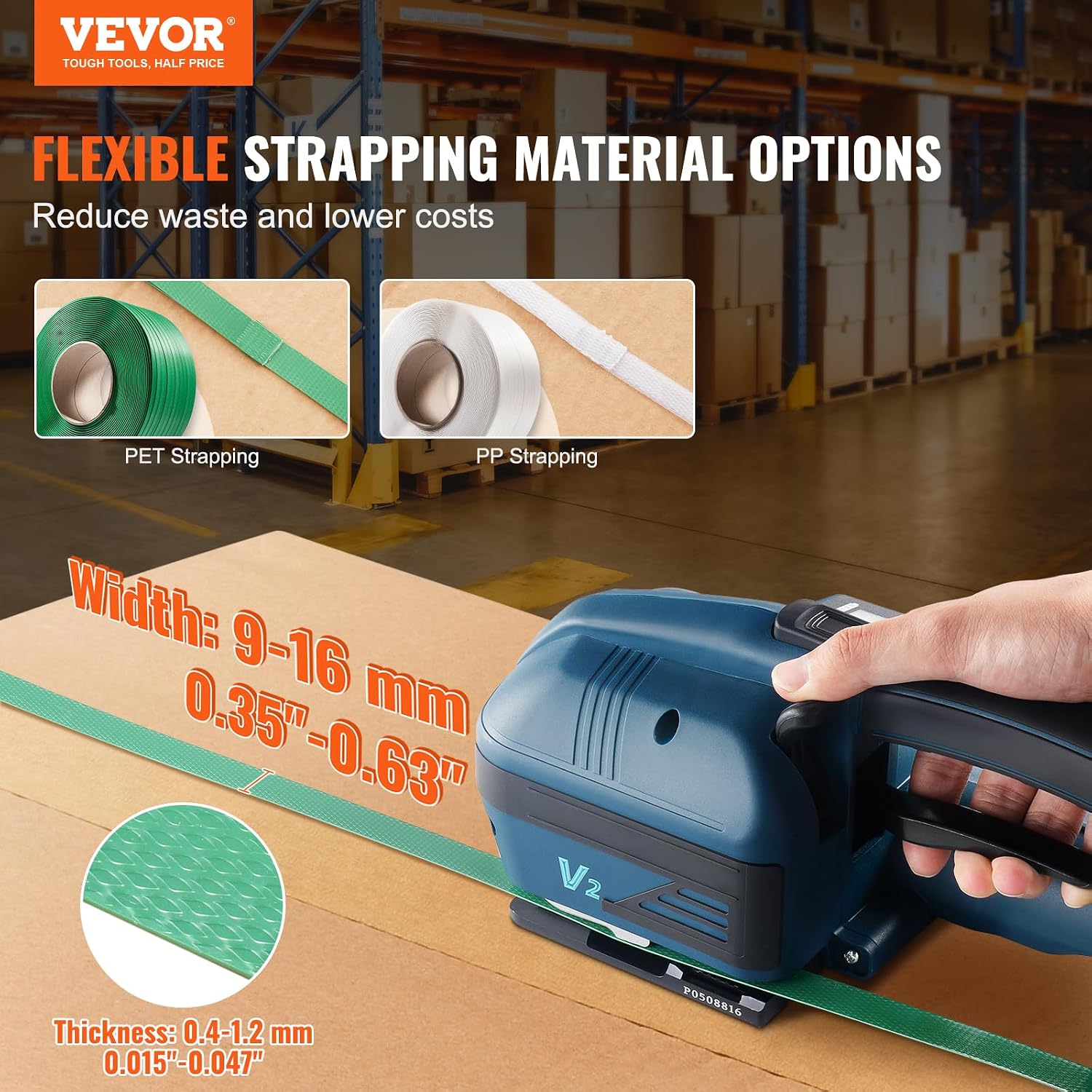 VEVOR Electric Strapping Machine, for 0.35'-0.63' PP PET Straps, Portable Electric Banding Tool with Digital Display, 2 x 4000mAh Battery Powered Automatic Strapping Tool for Packaging Box Pallet