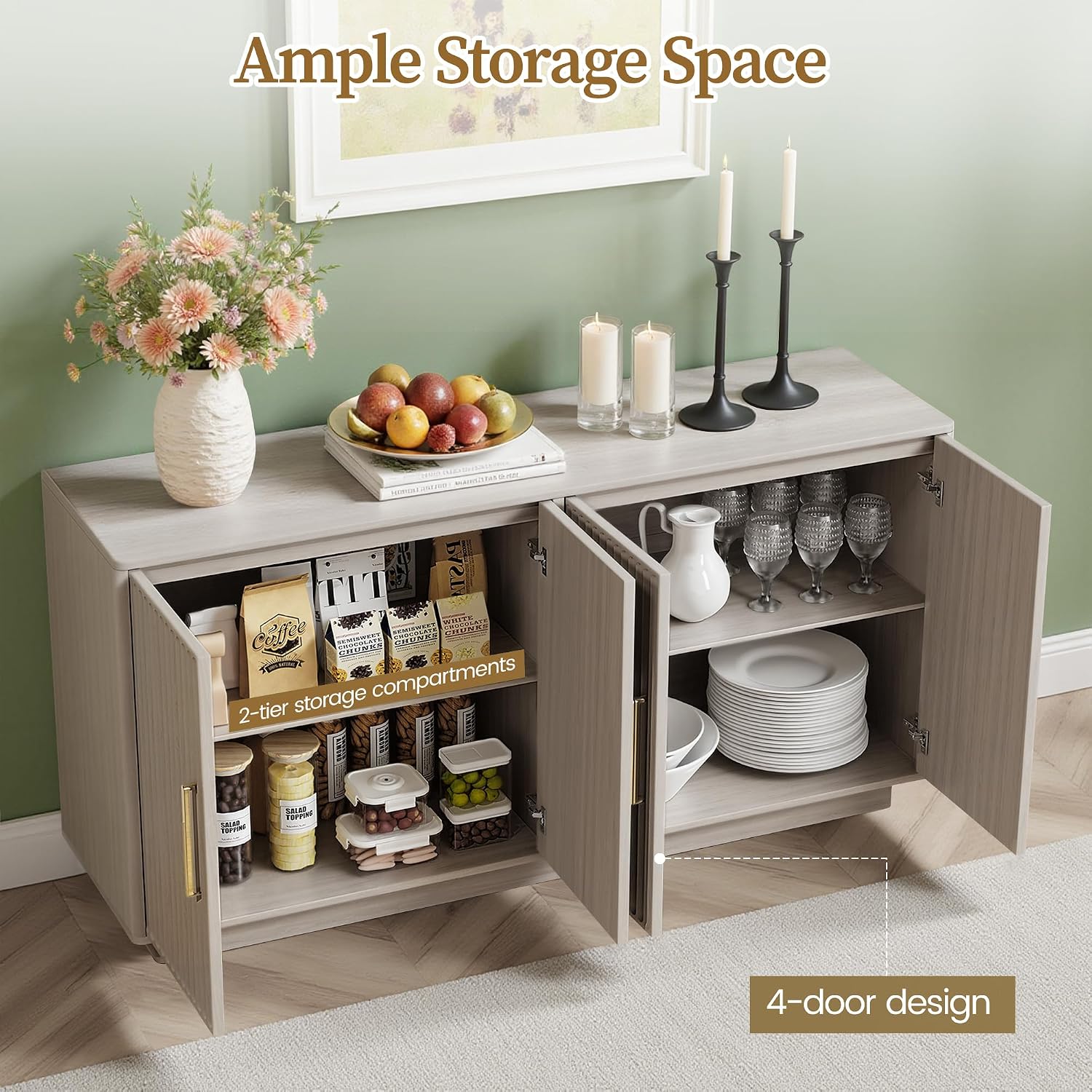 PAPROOS 55' Modern Fluted Sideboard Buffet Cabinet, Space-Saving Storage Credenza for Home Coffee Bar, 4-Door Accent Furniture with Adjustable Shelves for Clutter-Free Living (Beige Gray-1)
