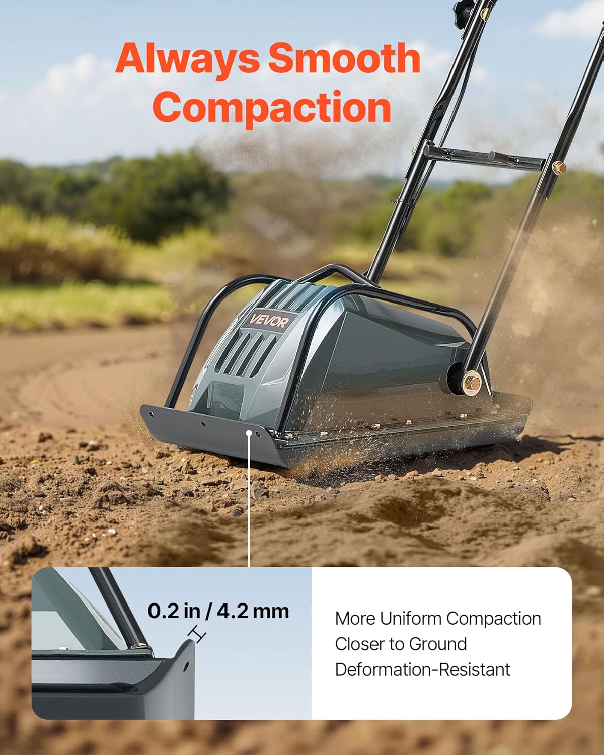 VEVOR Electric Plate Compactor, 130W Output Ground Rammer, 5 kN Force, 3.9 in Depth, 16 m/min Speed, 3304 sq.ft/h Efficiency, Gas Powered Soil Compaction Machine for Driveway, Pavement, Landscaping