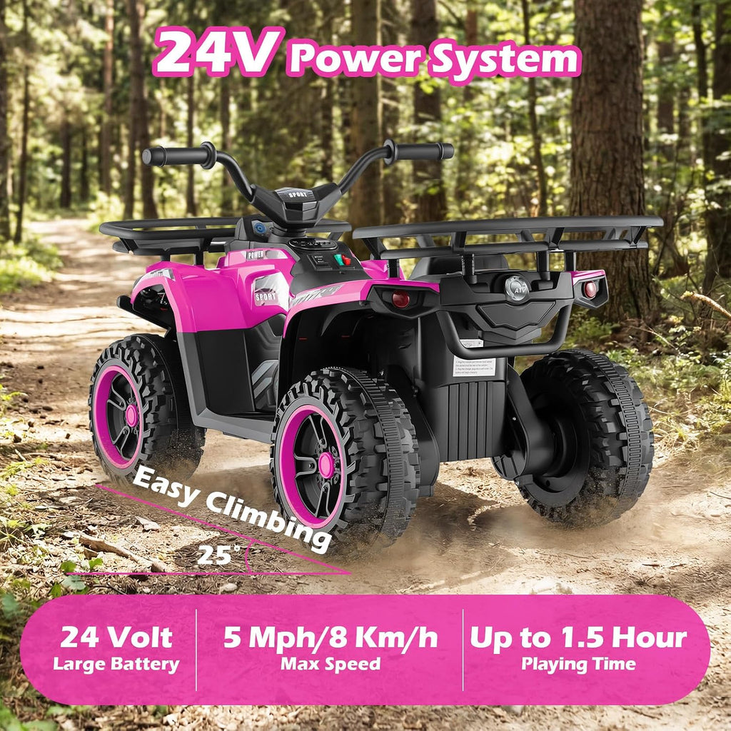OLAKIDS 12V Kids ATV Quad with 2 Speeds, Spring Suspension, LED Lights, Music & Story Player, Big Tires, 2 Storage Spaces, Ride On Car for Boys Girls Ages 3+ (24V, Light Pink)